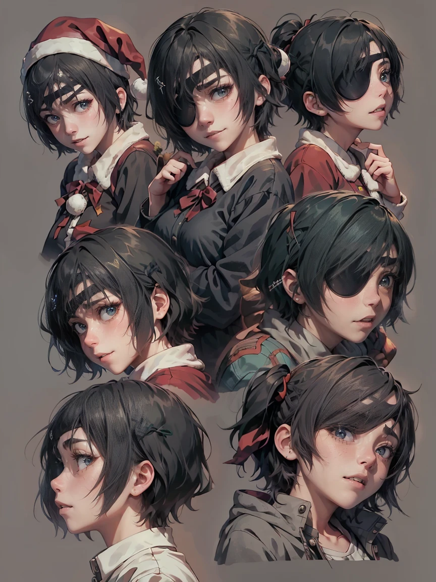 (master piece: 1.1), (himeno \(chainsaw man\)), (wearing eyepatch), chibi, multiples, 9 emojis, 9 poses and expressions, (multiple expressions), (multiple expressions), high detailed face, detailed turquoise-colored eyes, black hair, short hair, dress, shy, anime character, (happy, smiling, angry, scared, big laugher), (christmas costumes), christmas clothes, (wearing santa hat), (simple gray background)