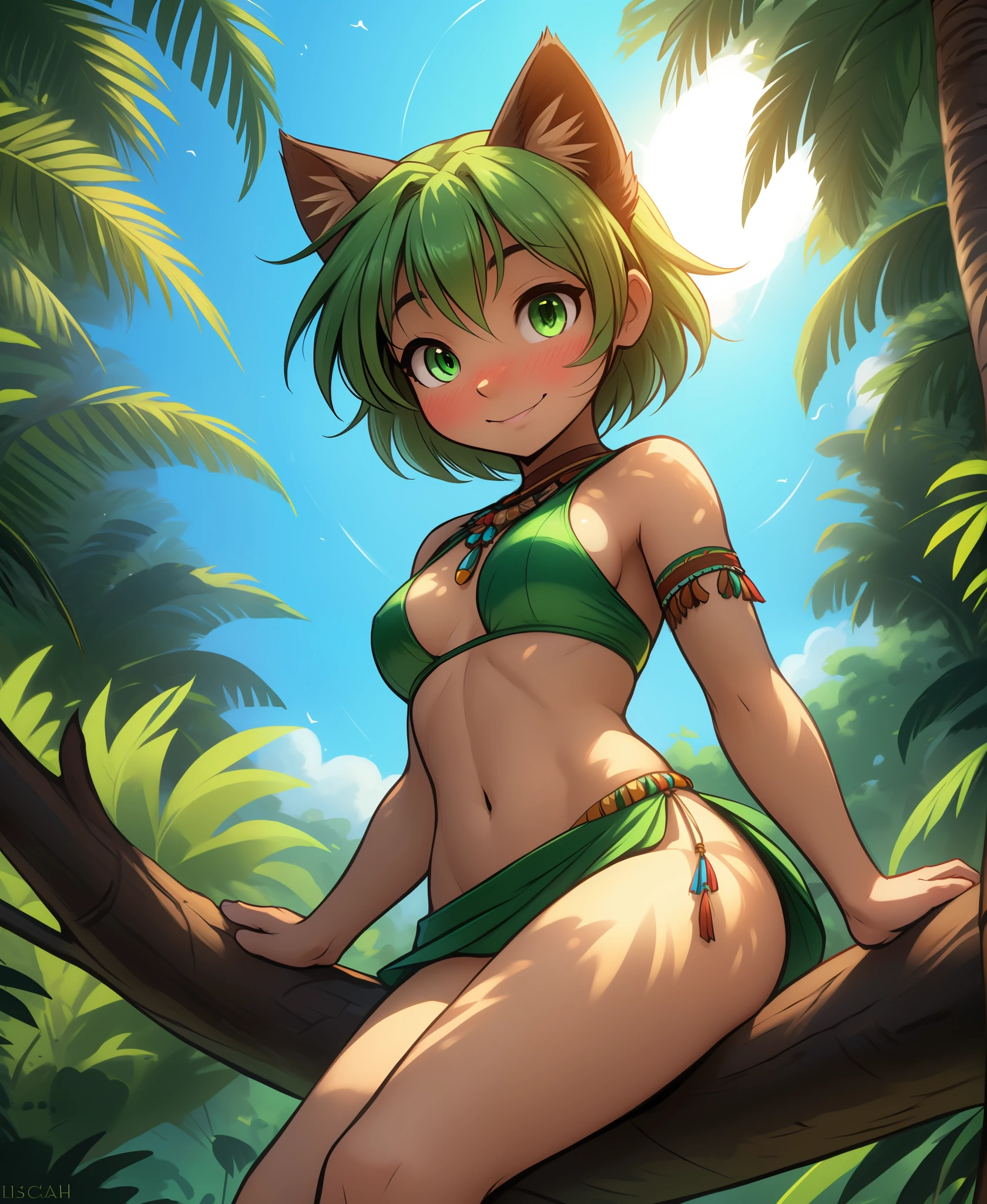 (Digital art, high quality, masterpiece, by Tom Fischbach), karen-taverndatter, 1girl, solo, human, catgirl, green eyes(cat eyes), human nose, short hair(green colour), cat ears, cat tail, raised tail, seductive face, medium breasts, tanned body, tribal outfit, blushing, looking into viewer, POV(low-angle view), sitting on a tree branch, jungle on background, SFW