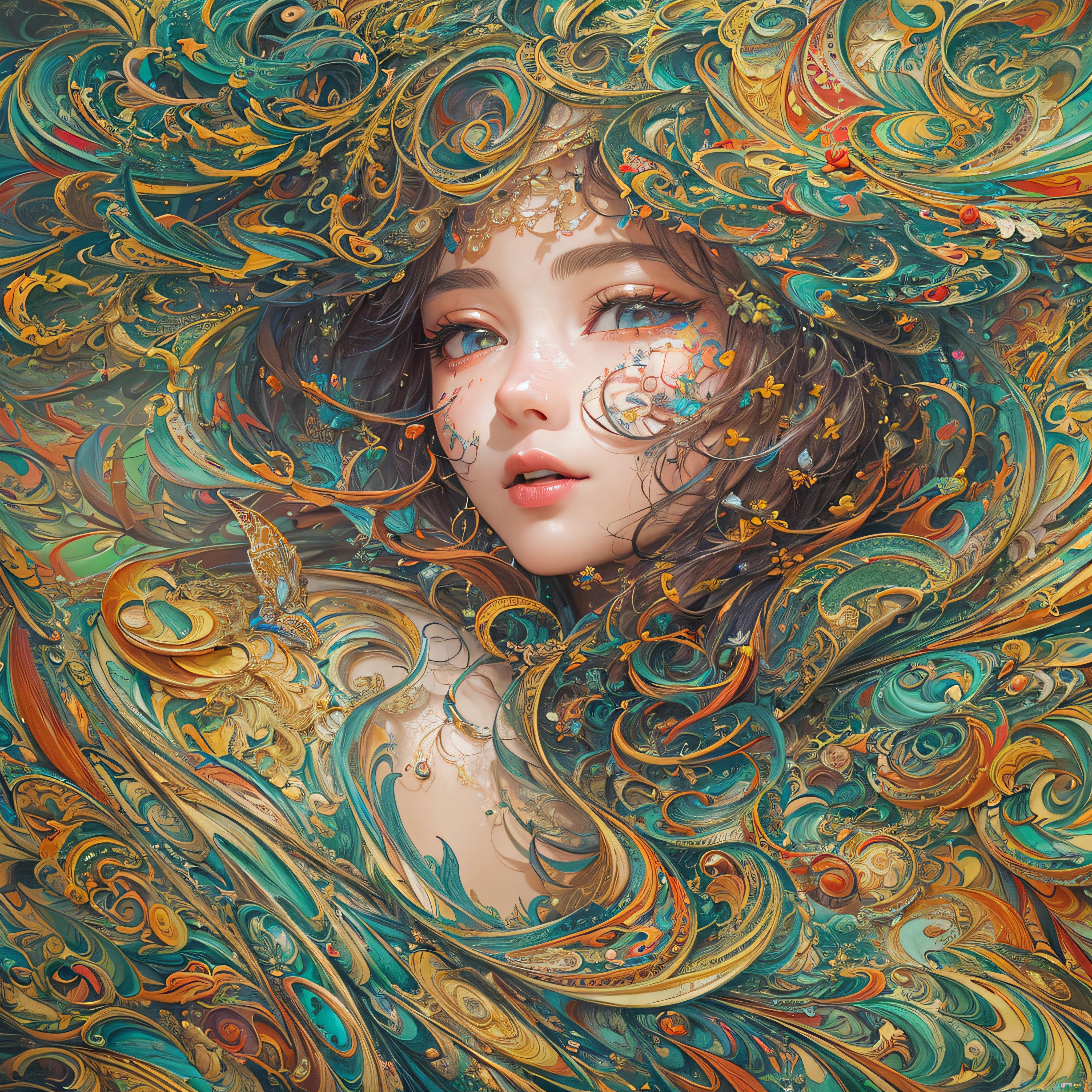 (masterpiece、top-quality、top-quality、Official Art、Beautifully Aesthetic:1.2)、Highly detailed fractal art、(colourfull:1.5)、highest details、Zentangle、a closeup、 (1girl in:1.5), 独奏, (dynamicposes), (abstract background:1.5), (shinny skin),