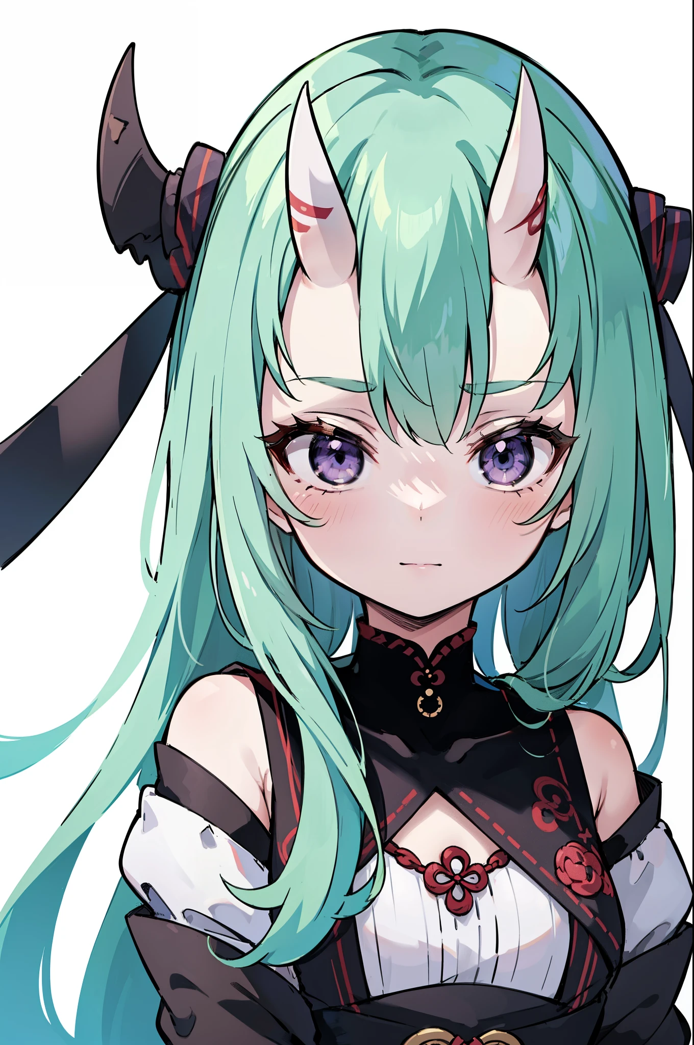 masterpiece, best quality, 4k, face close-up, portrait, 1girl, solo, beige hair, light green hair, pale green hair long hair, purple eyes, empty eyes, small breasts, (oni girl, oni horns, forehead horns), serious, neutral, white blouse, one piece blouse, medieval fashion, standing, arms behind back, looking at viewer, white background, simple background, transparent background