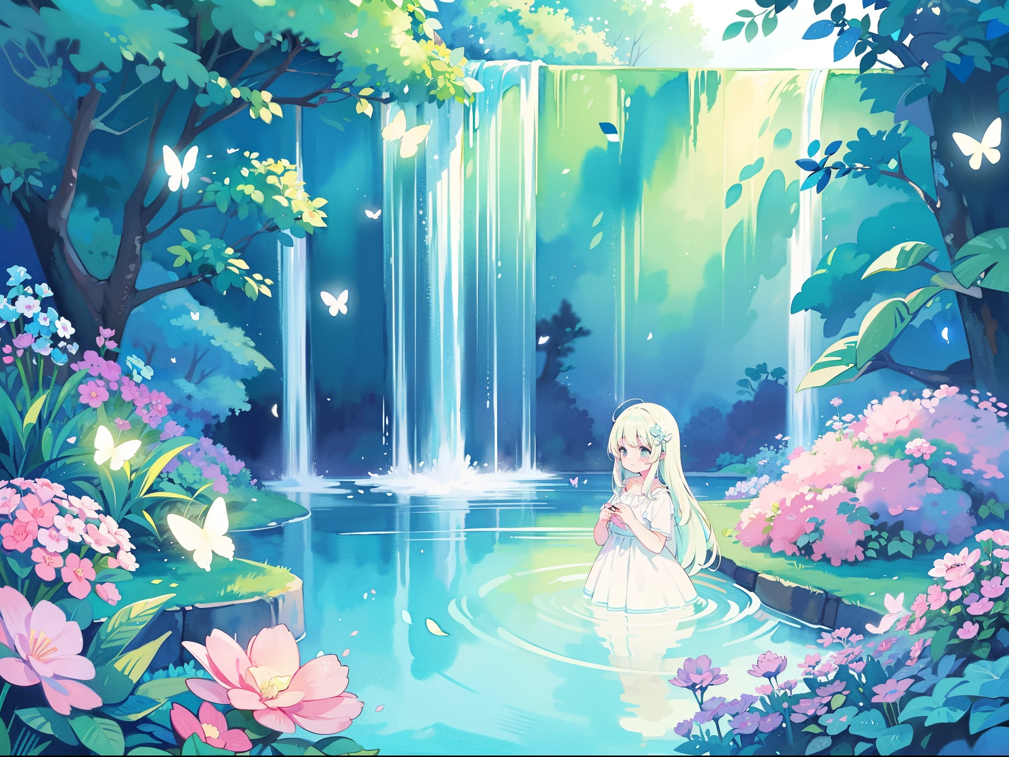 picture book illustration, watercolor storybook illustration, vibrant pastel colors, dreamy, colorful, whimsical, magical, masterpiece, best quality, sharp focus, intricately detailed environment, fine detail, 8k resolution, waterfall lagoon, (magical lagoon), (waterfall, lake), (glowing butterflies), beautiful, golden ratio, perfect composition, perfect