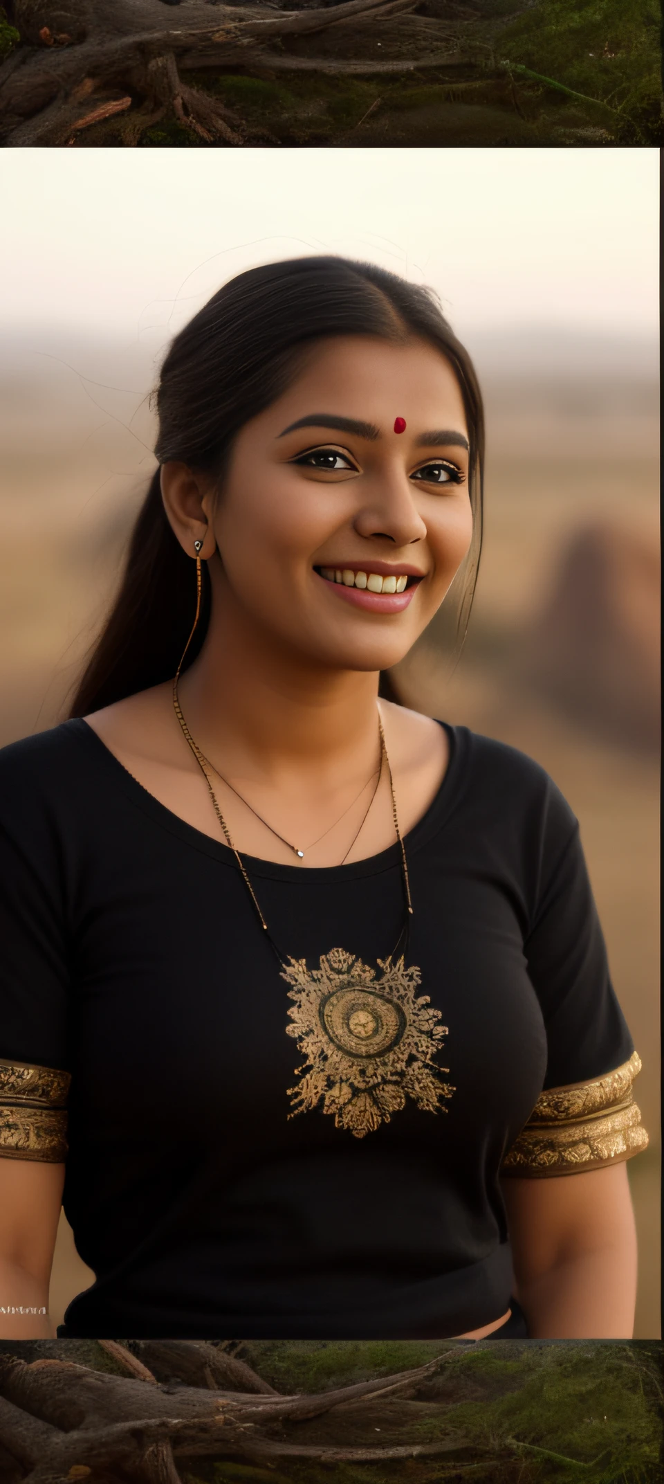 Day scene, close up photo of a indian from top view, posing under big tree, (wearing black tshirt and skirt) , look at viewer and smile, (cinematic:1.3), intricate details, (ArtStation:1.2)