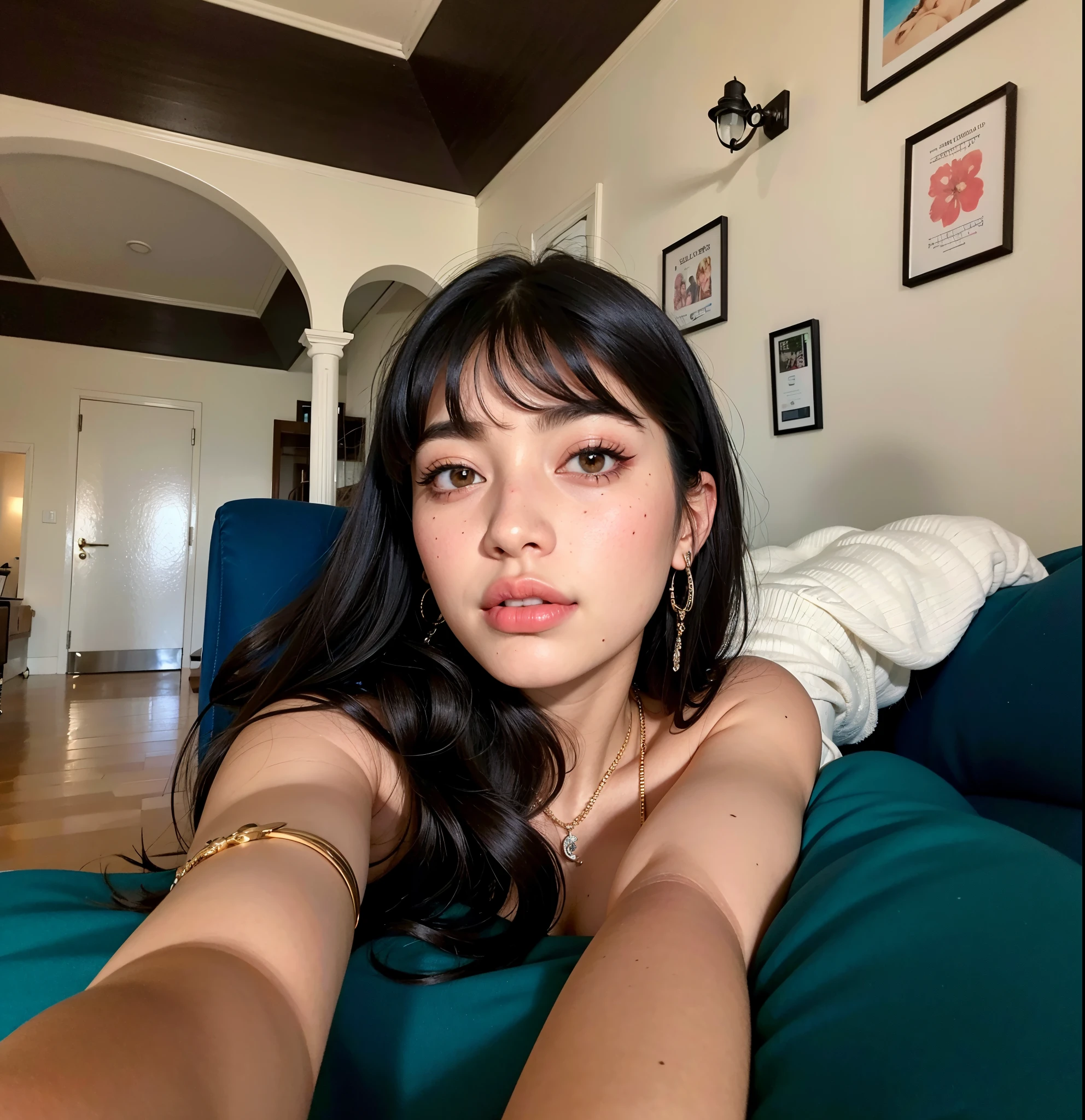 There is a woman with long black hair and a necklace in, cabelos pretos e olhos grandes, lindo rosto latino, 18 anos, pale-skinned persian girl, thick lips, Violeta Myers, Parece Fabiula Nascimento, imagem de perfil, lorde, female with long black hair, 1 6 anos, cabelo preto ondulado, pele de azeitona