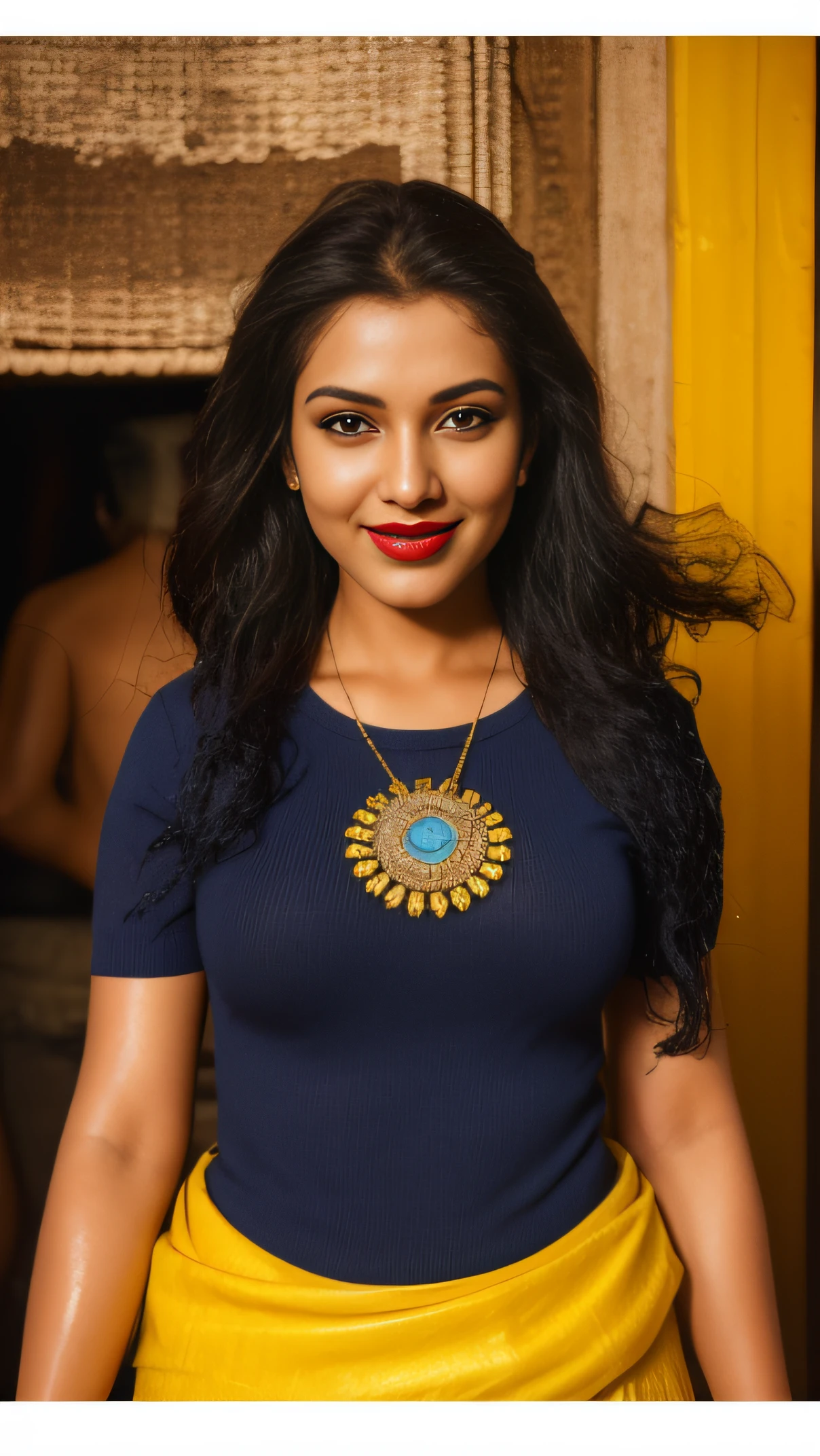 Day scene, close up photo of a indian from top view, posing under rain, big natural red lips, (wearing navy blue top and yellow skirt seductive wet breasts) , look at viewer and smile, (cinematic:1.3), intricate details, (ArtStation:1.2)