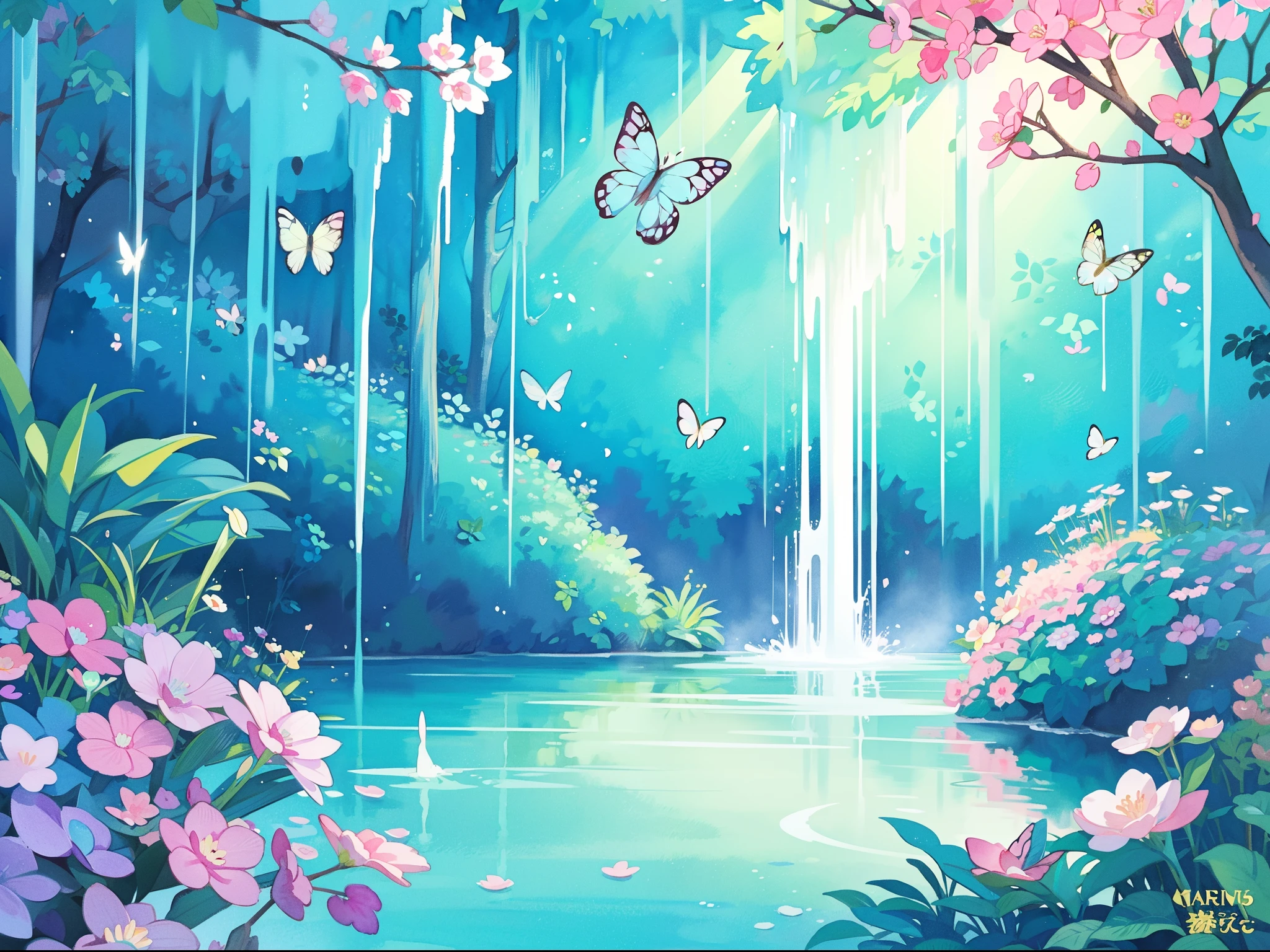 picture book illustration, watercolor storybook illustration, vibrant pastel colors, dreamy, colorful, whimsical, magical, masterpiece, best quality, sharp focus, intricately detailed environment, fine detail, 8k resolution, waterfall lagoon, (magical lagoon), (waterfall, lake), (glowing butterflies), beautiful, golden ratio, perfect composition, perfect