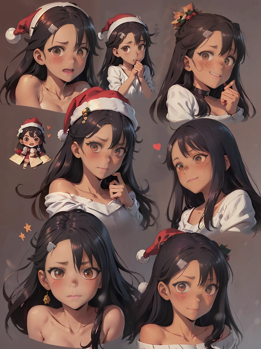 (master piece: 1.1), (shihouin yoruichi), chibi style, multiples, 9 emojis, 9 poses and expressions, (multiple expressions), high detailed face, (detailed brown eyes), (dark skin), tanned skin, bright eyes, dark hair, long hair, anime style, (happy, smiling, angry, embarassed, shy), (christmas costumes), (christmas costumes), christmas clothes, (wearing santa hat), (simple gray background)