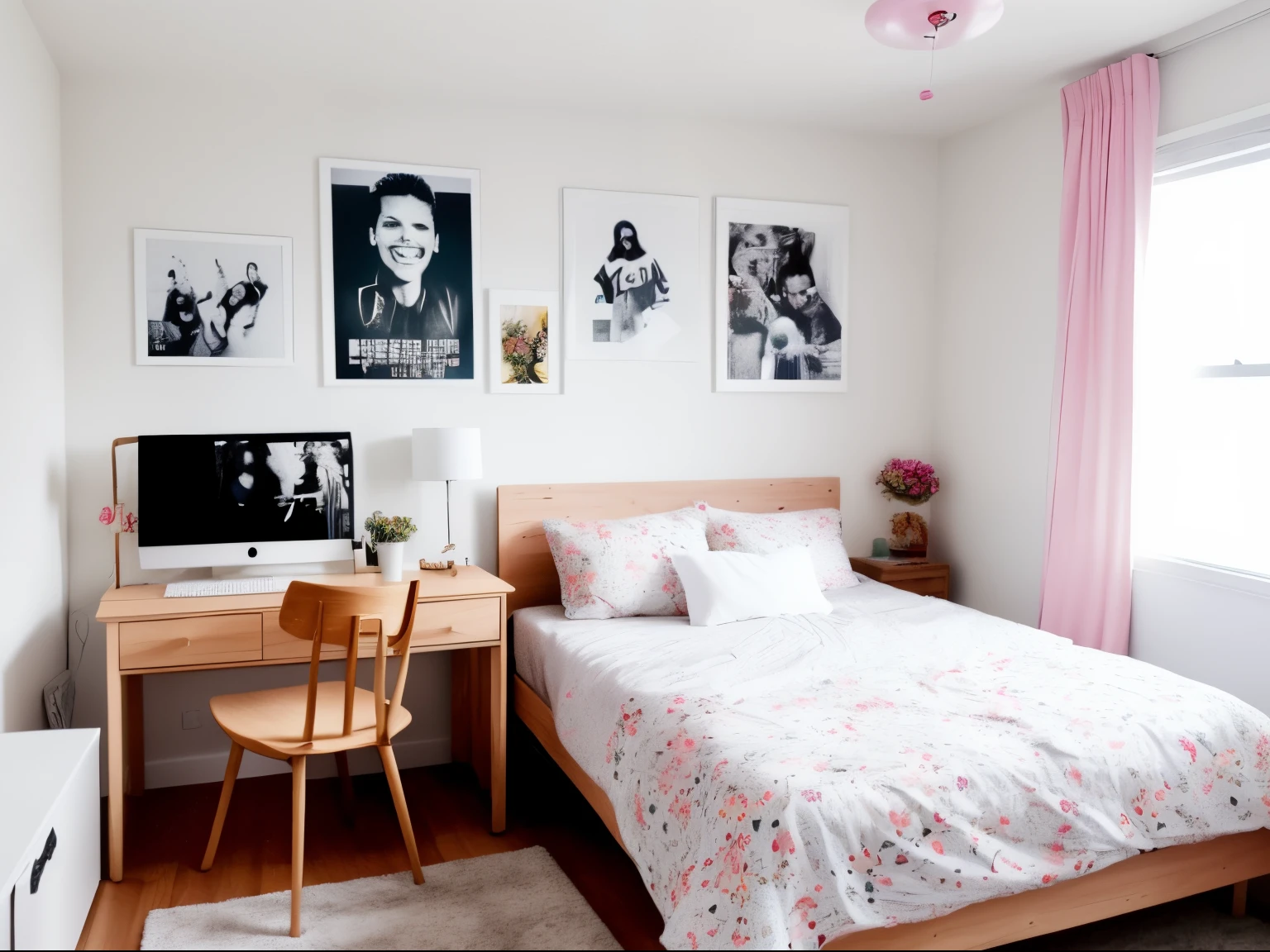 A fan's room, with a poster of her idol pasted on the wall, above the bed. Large room, white walls, wooden furniture, bed, desk with notebook, window, fabric curtains.