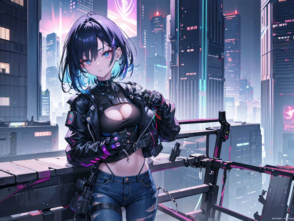 {{masterpiece,Best Quality}}, top-quality, Delicate background,delicated face,Super delicate,Ultra-detailed CG Unity,8k wallpaper, lensflare, (colourfull:1.5),Back shot,Detailed beautiful eyes,a 20 yo woman,Bery short hair,sending hair,Cool Face,((Black and blue hair)),glowing green and purple eyes,abdominals,Big piercings,Overjacket,damage jeans,cyberpunked,a hologram,Neon lights flying around,nighttime scene,Perfect human body structure,On top of the building,Sit on the steel frame,stare at the building,Shining Buildings,Cyberpunk City,From above,from distance,