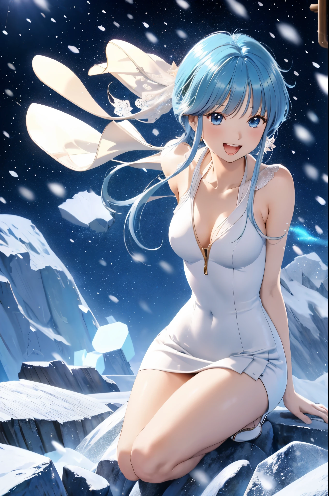 masutepiece, Best Quality, Yukime V4, 1girl in, Solo, Long hair, Smile, Open mouth, Simple background, ((Dress, long-one-piece dress, White Dress, wedding dress)), Sitting, Cowboy Shot, Ice, Snow,