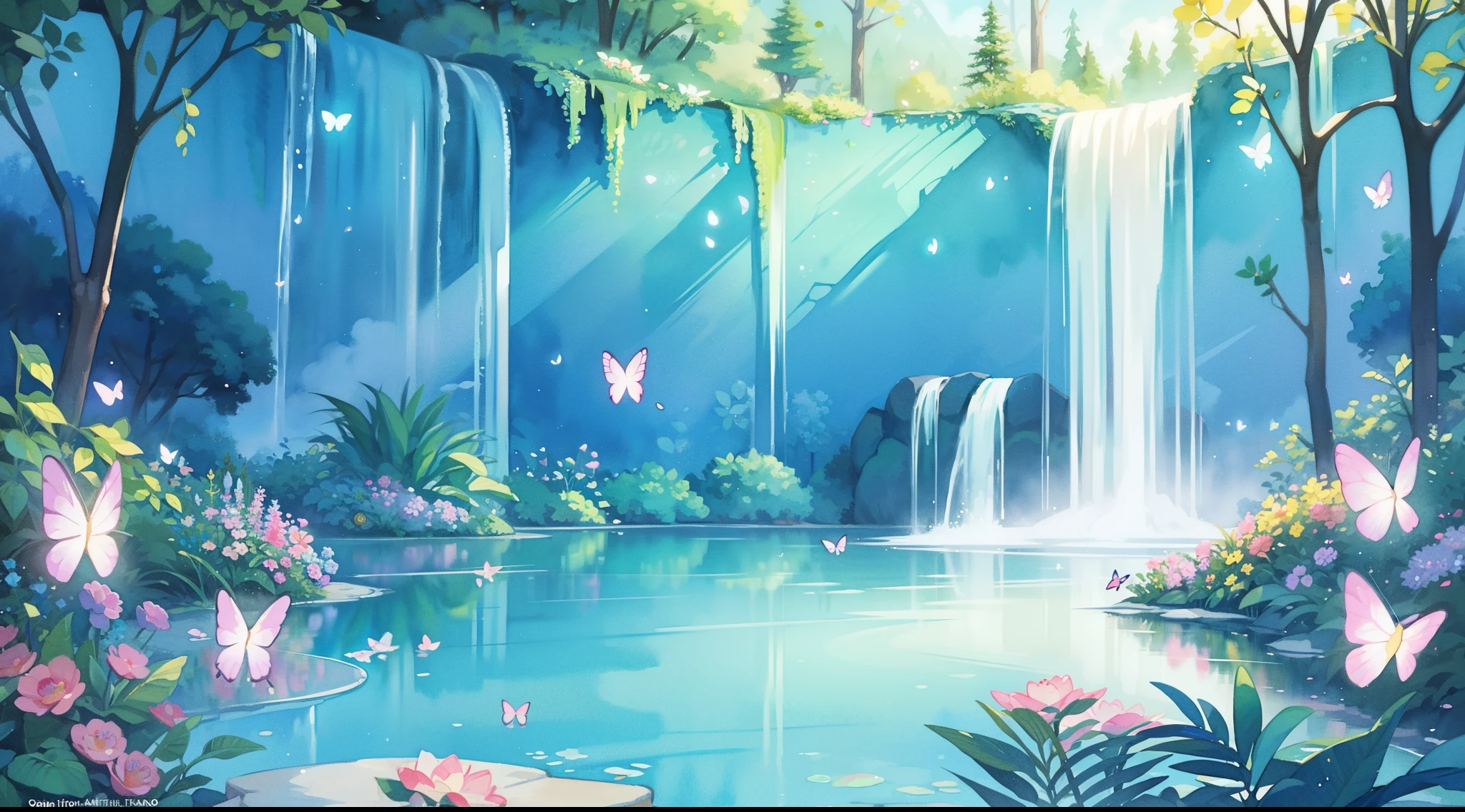 picture book illustration, watercolor storybook illustration, vibrant pastel colors, dreamy, colorful, whimsical, magical, masterpiece, best quality, sharp focus, intricately detailed environment, fine detail, 8k resolution, waterfall lagoon, (magical lagoon), (waterfall, lake), (glowing butterflies), beautiful, golden ratio, perfect composition, perfect
