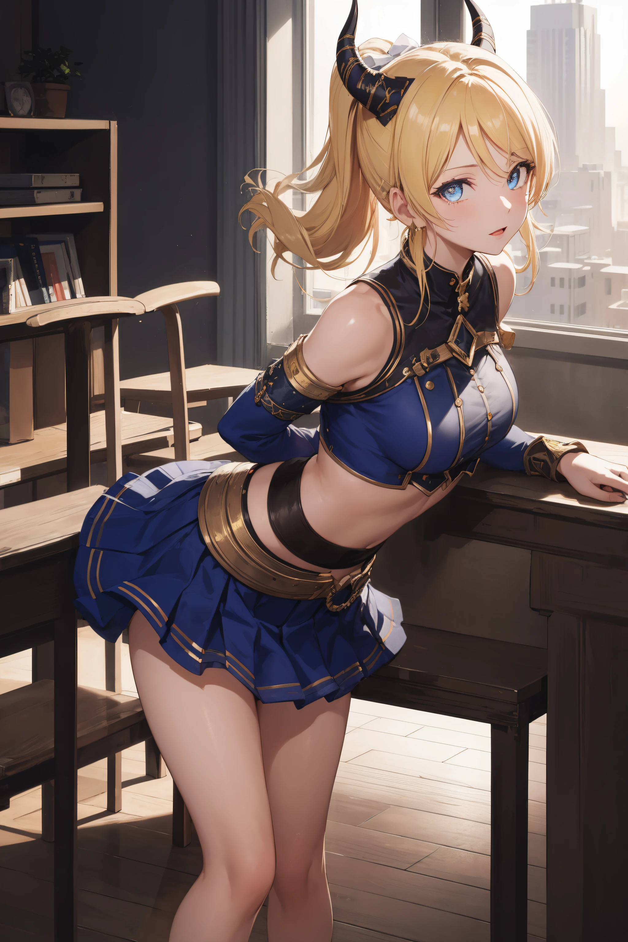 eliayase, eli ayase, yellow hair, blue eyes, ponytail, hair ribbon, medium breast,
BREAK blue skirt, bracer, circlet, crop top, dancer, detached sleeves, fake horns, gladiator sandals, gold footwear, gold trim, horns,
BREAK looking at viewer,standing, leaning forward, (arms behind back:1.2),
BREAK indoors, classroom, 
BREAK (masterpiece:1.2), best quality, high resolution, unity 8k wallpaper, (illustration:0.8), (beautiful detailed eyes:1.6), extremely detailed face, perfect lighting, extremely detailed CG, (perfect hands, perfect anatomy),