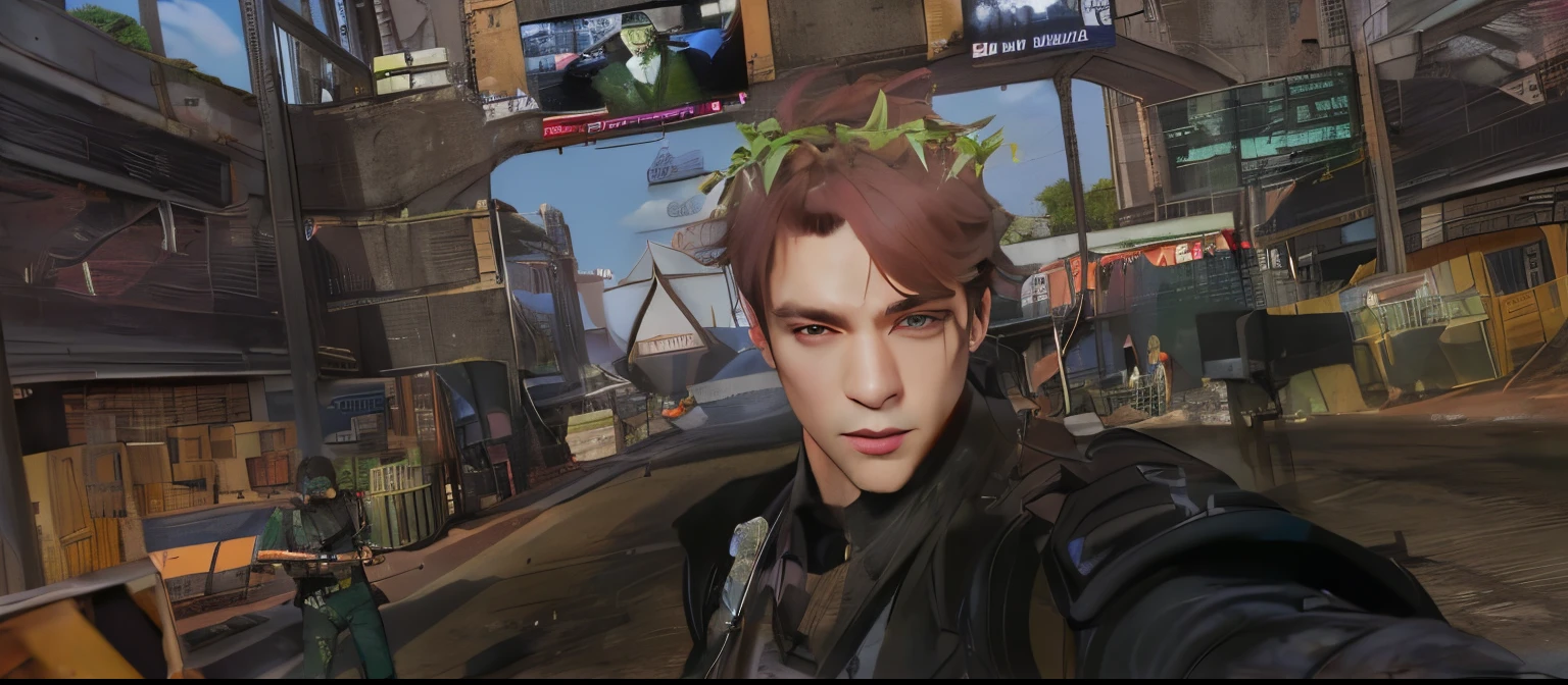 there is a man with a hat on holding a gun, ingame image, male with halo, character close up, cyber punk setting, character close-up, male character, on realistic hud, close up character, 8 k character details, detailed punk hair, close up head shot, ultra detailed content : face, with very highly detailed face, halfbody headshot