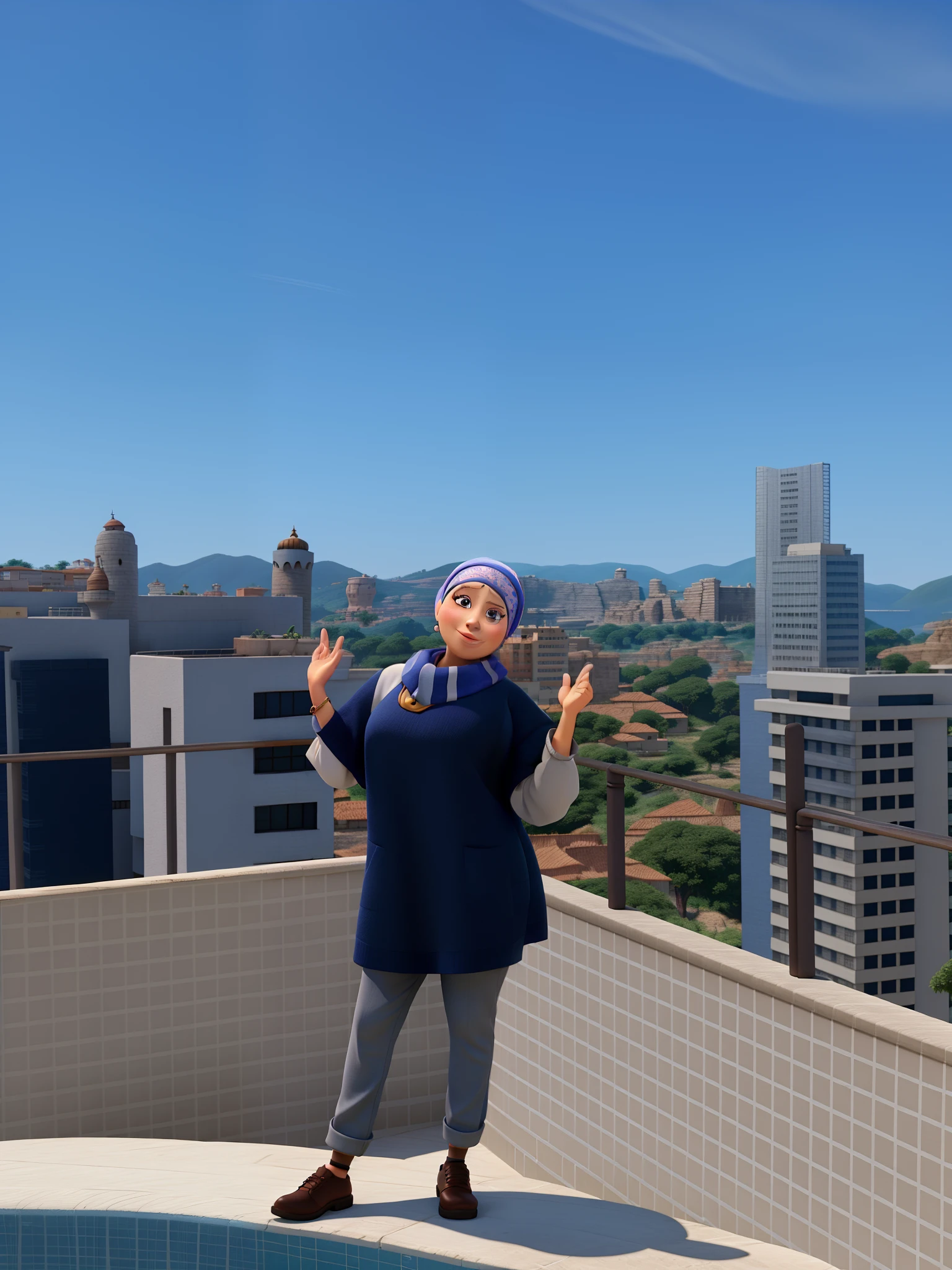 A bald woman with a headscarf , fazer estilo Disney pixar, alta qualidade, melhor qualidade.