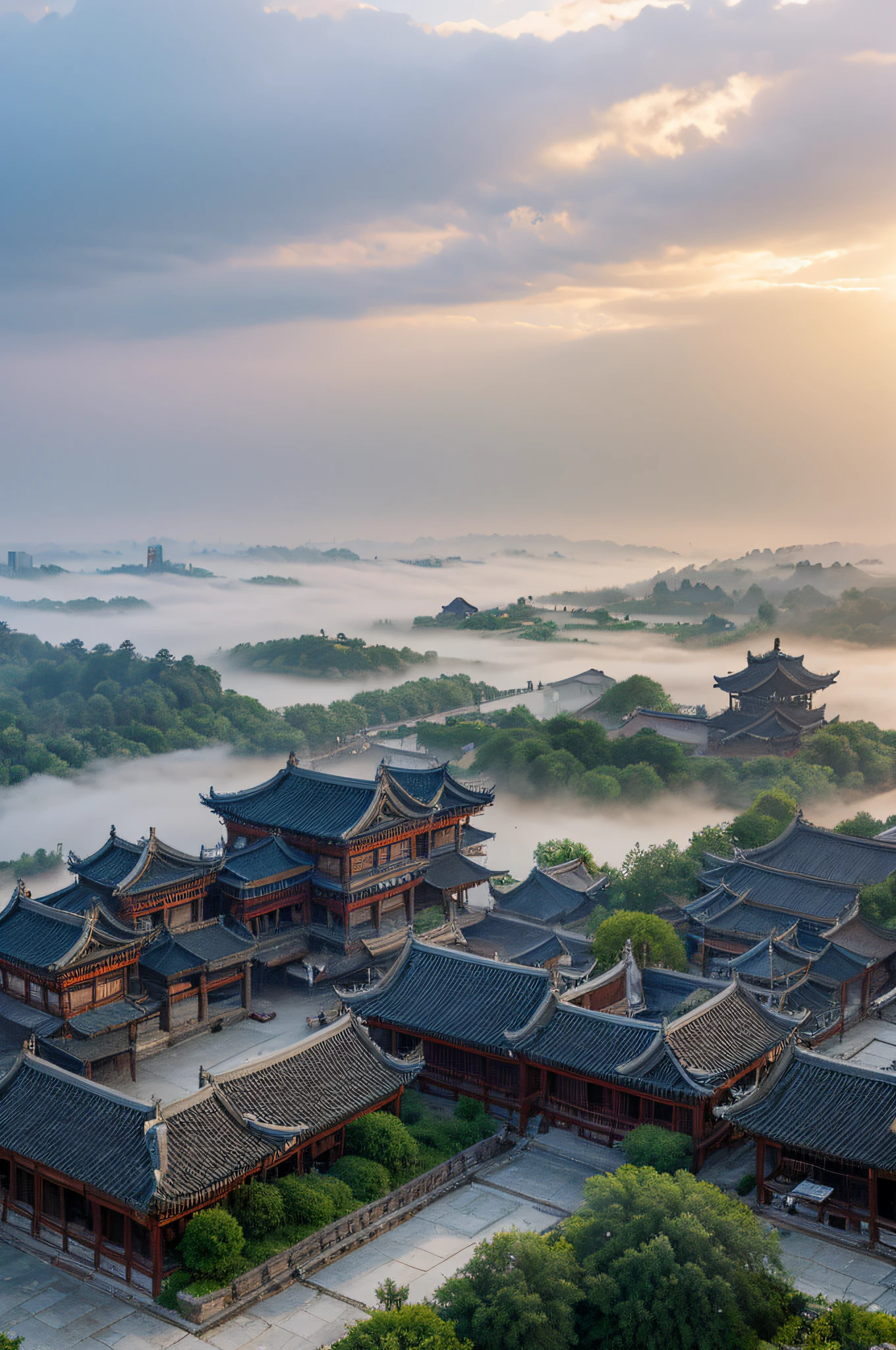 The ancient buildings in Jiangnan Water Town are shrouded in clouds and mist in the sky