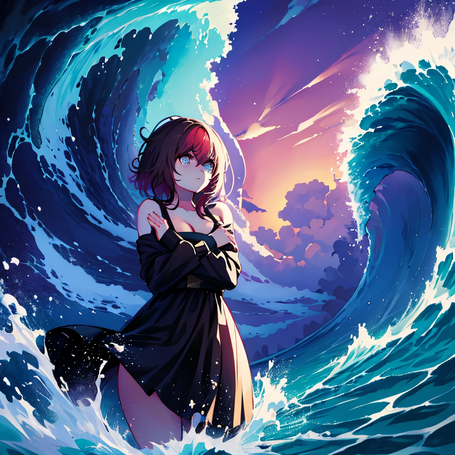 (a frightened scared girl,enveloped by a gigantic wave),(best quality, realistic,(vibrant colors:1.1),(dramatic,moody lighting:0.9))