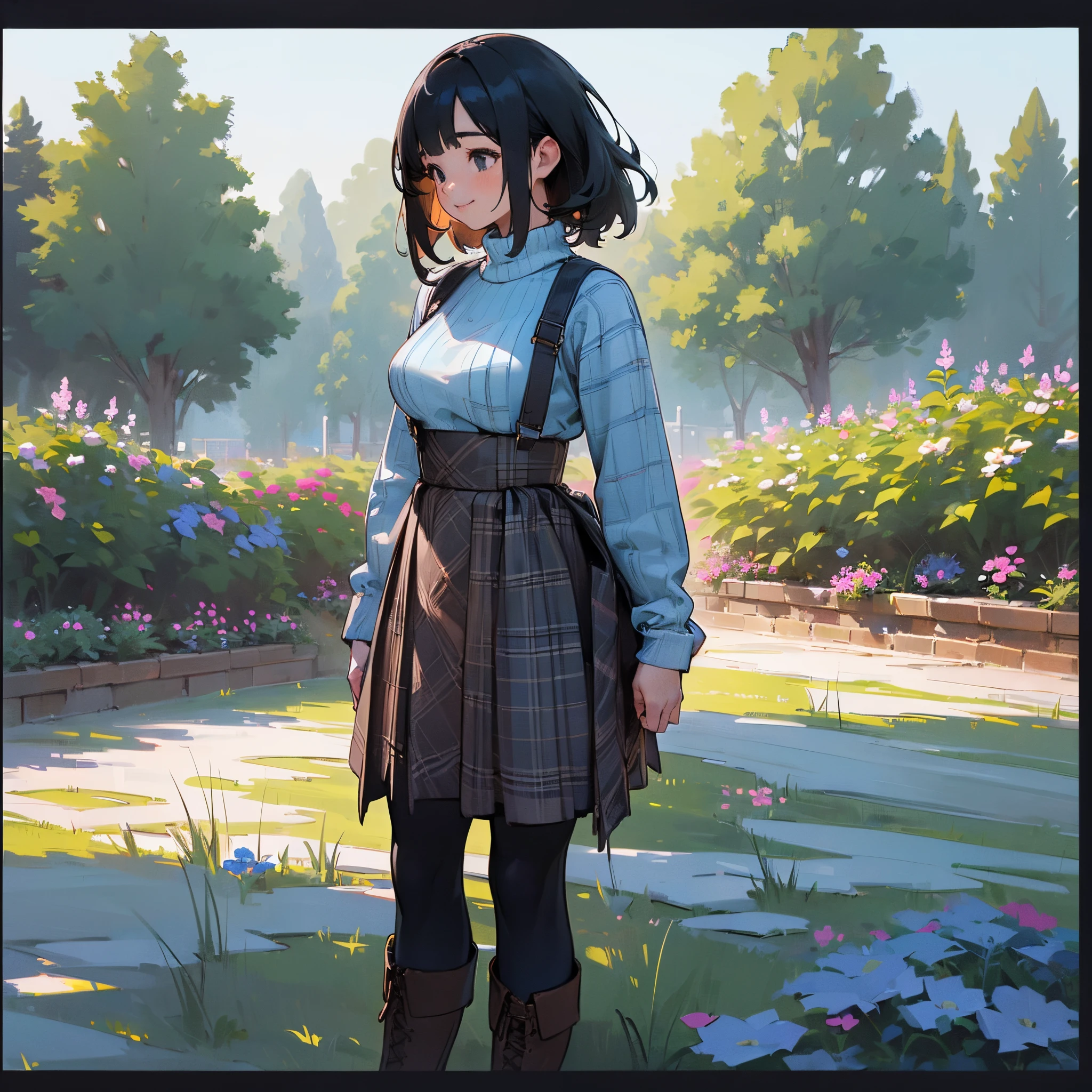 (High quality, High resolution, Ultra-detailed, Realistic:1.37), peaceful ambiance, (plein air, garden), girl standing alone, (My breasts are big.), Beautiful detailed features, Cute smile, (Black bob hair), Rib Sweater, blue plaid skirt, Black tights, Brown boots.