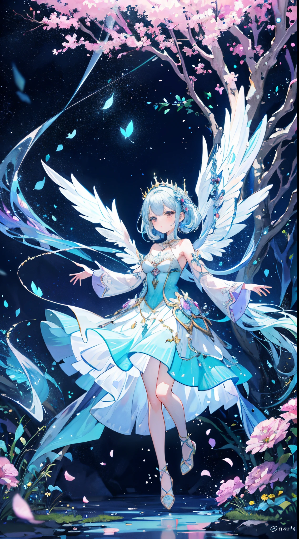 Full body, pointy eared Fairy with long Bipectinate or clubbed antenna, long Multi-veined, prismatic membranous wings with iridescent properties, Celtic illumination makeup, embroidered silken leine, embroidered velvet mantle