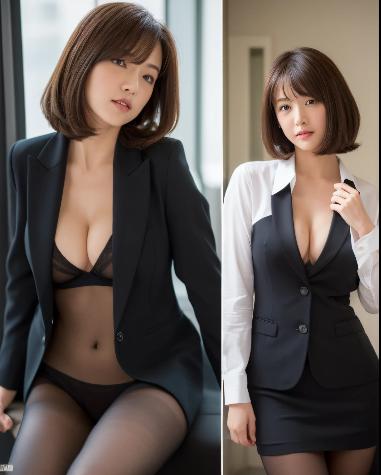 ((Best quality at best, 8K, tmasterpiece :1.3)), full bodyesbian, Focus sharp :1.2, A beautiful woman with a perfect body :1.4, Slim abs :1.2, ((dark brown  hair, Large breasts :1.2)), tightsuit :1.1, (nighttime scene, Modern Balcony :1.1), Highly Detailed Face and Skin Textur, A detailed eye, 二重まぶた, small busts, office lady uniform, Office clothes, A white T-shirt, Exposed cleavage, (black pantyhoses), (), interior scenes, office room