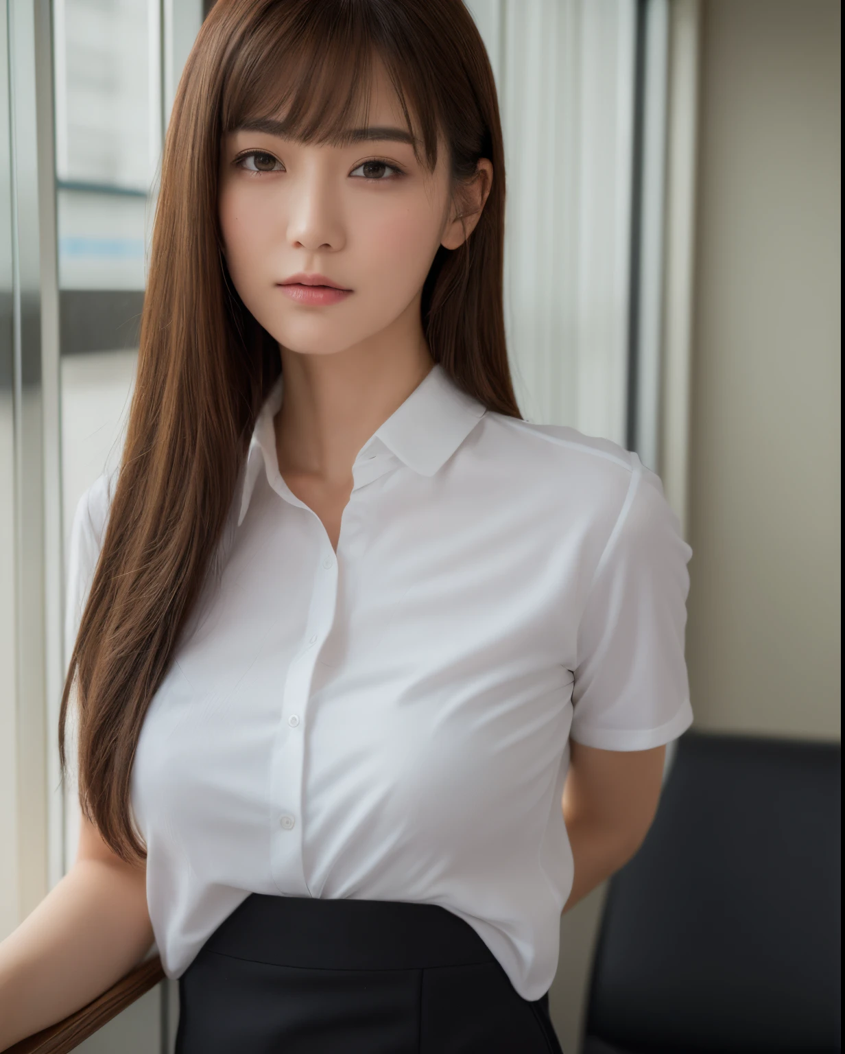 (ung girl), gentle face, (round eyes:1.2), (highly detailed face), smile, Amazing face and eyes, (Best Quality:1.4), (Ultra-detailed), (extremely detailed CG unified 8k wallpaper), Highly detailed, High-definition raw color photos, Professional Photography, Realistic portrait, Amazing face and eyes, indoors, office, (office lady, Tight Skirt:1.3), (A moment of relaxation), model, depth of fields, (fine face:1.2),