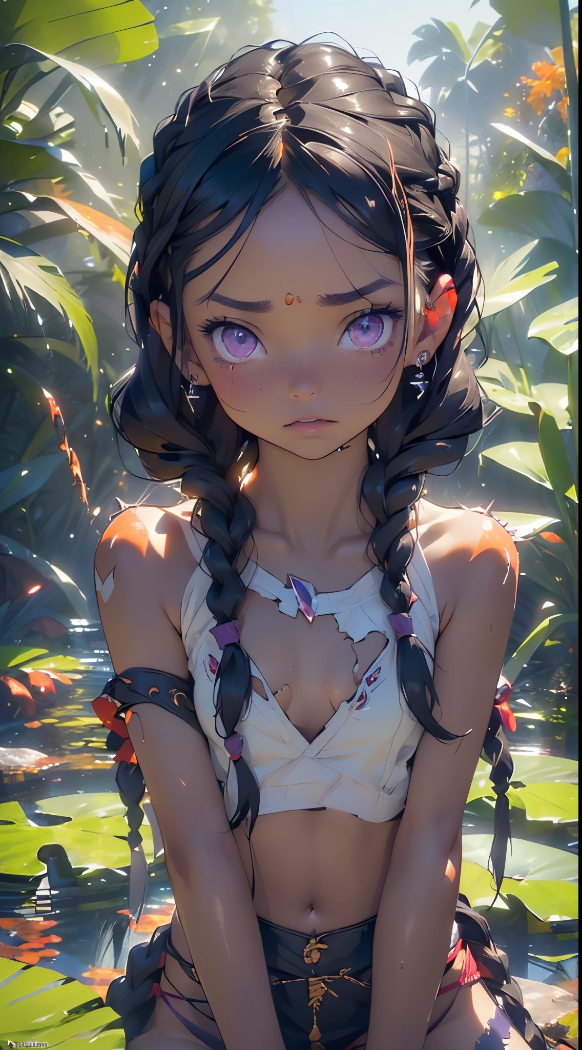 little loli tribal,(((little loli,small tiny body,petite,chibi,small))),(((6 years old))),

(((flat chest))),((((long twin braids,tight braids,long braid,braided hair,long hime cut,dark hair,black hair,colored inner hair)))),(((purple_eyes:1.3))),intricate eyes,beautiful detailed eyes,symmetrical eyes,(big eyes:1.5),((((lustrous skin:1.5,tanned skin,bright skin: 1.5,skin tanned,shiny skin,very shiny skin,shiny body,Reflective skin)))),(((detailed face))),beautiful detailed lips,

(cute,kawaii,(nsfw)),

(sideboob),loincloth,strapless,midriff,navel,barefoot,bare arms,jewelry,red loincloth with no panties,tube crop top,hair ornament,earrings,exposed belly button,necklace,slim waist,hair ornament,(tribal clothing),(tribal body paint),skinny,(((torn, middle chest torn crop top,no panties))),((orange clothes,wet clothes,intricate outfit)),

(Moaning in pain,feeling pain,tears flowing,sore,crying in pain,frightened and crying,covered in tears,obeying pain,moaning in pain,grimaces of pain,(feeling empty),(regret),

dynamic pose,looking at viewer,centered,scale to fit dimensions,Rule of thirds,

lonely atmosphere,broken furniture,

outdoors,overgrown,(overgrown background,glowing crystals,bioluminescent plant),scenery,extremely scenery,(((glowing crystals,bioluminescent plants))),(puddles everywhere,moss,moss on the background),clouds,lily pads,palms,reeds,(sunset, golden hour),

(Glossy Egyptian ornaments),(top-quality,8K,32K,​masterpiece),high resolution,(Photorealistic:1.4),Ray tracing,Sun glare,depth of fields,By backlight effect,Add depth to your screen,(((vibrant colors,vibrant theme))),(intricate),(high contrast,photorealistic artwork:1.37),(best quality,4k,highres,masterpiece:1.2),ultra-detailed,(realistic,photorealistic,photo-realistic:1.37),professional,