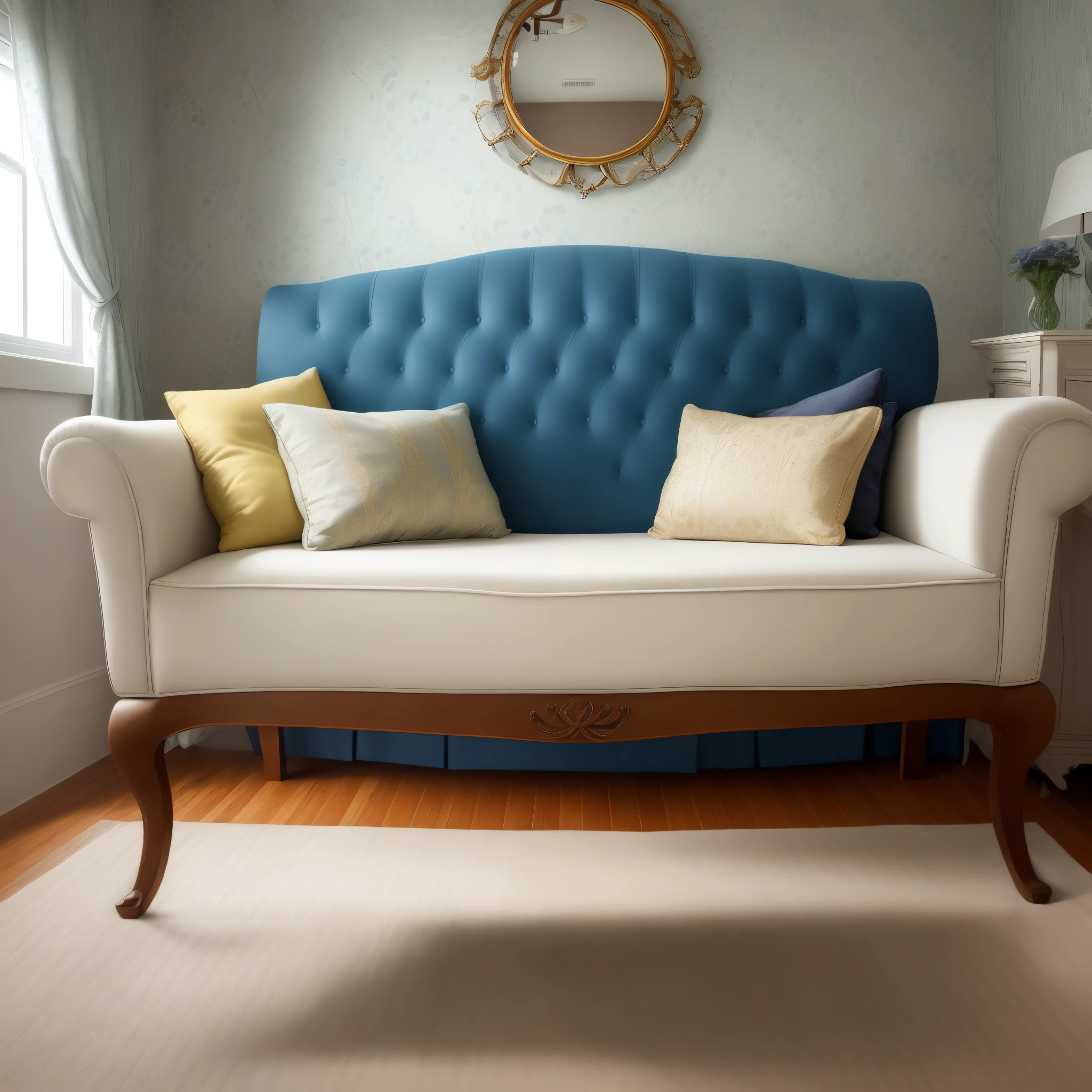 One room Pale yellow wallpaper Flooring Two-seater blue sofa Carpet Table Candle Vase Bed