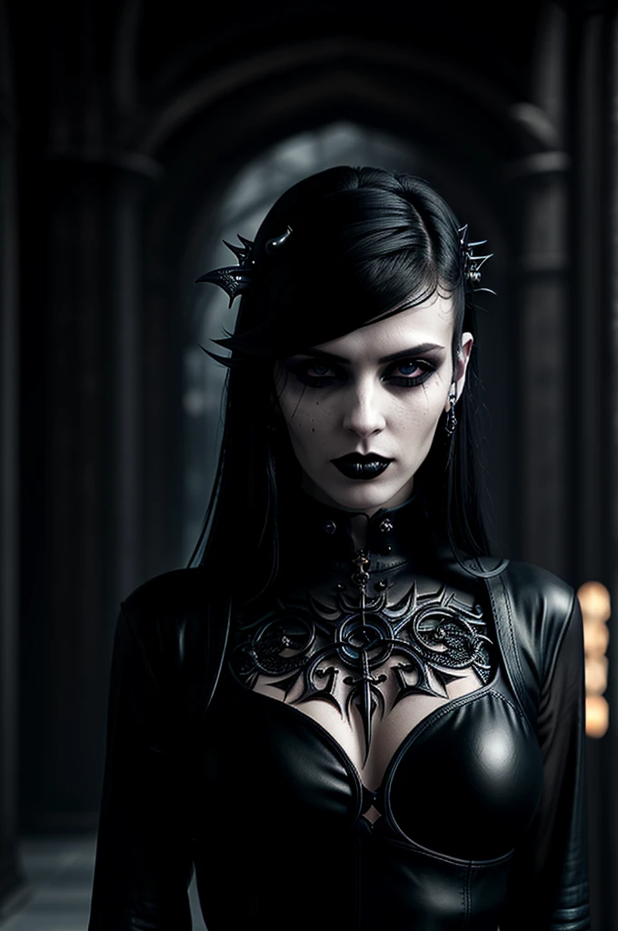 woman with blond hair in black sexy open clothes, Metal jewelry, Dynamic posture, handsome body, slim figure, small breasts, wet body, wet hair, seductive cyberpunk dark fantasy, Sensual, Gloomy style, dark fantasy mixed with realism, , photorealism, photo, goth girl, Gothic and futuristic, dominatrix, femdom, bdsm, mistress, femme fatale, very beautiful goth top model, gothic horror vibes, The Queen of Dark Gothic, Gothic atmosphere, goth woman, Awesome and gloomy, ornamental gothic - cyberpunk, Gothic - Cyberpunk,