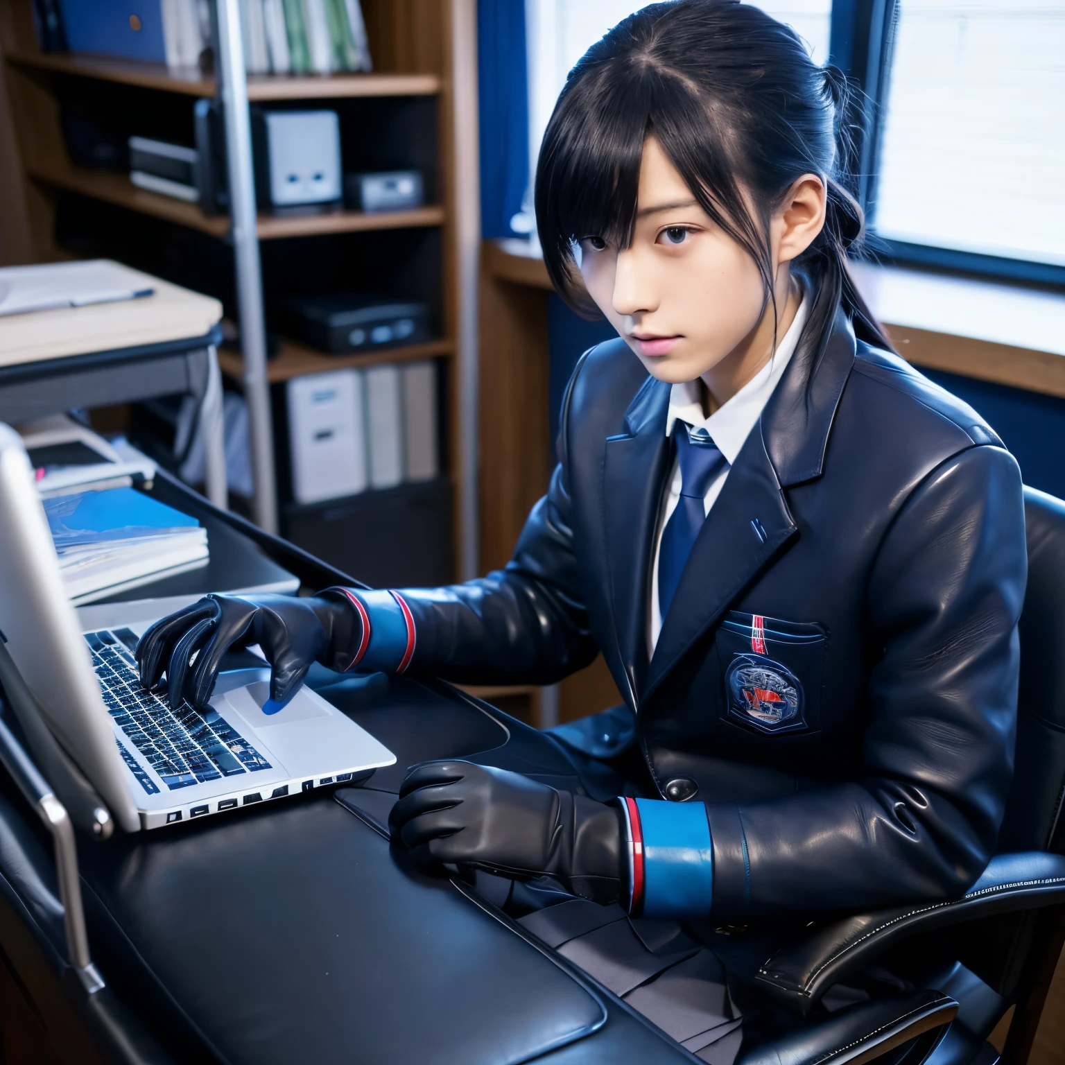 Dark blue blazer uniform、Blue shirt、Blue ribbon、Black leather gloves、hi-school girl、Operating a laptop computer on the desk、Sitting on a chair、((He wears black leather gloves on both hands))((Cute Japan high school girl))