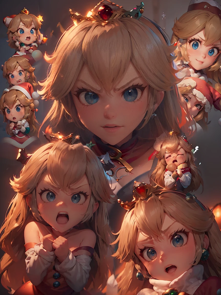 (master piece: 1.1), (PrincessPeach), chibi, multiples, 9 emojis, 9 poses and expressions, (multiple expressions), high detailed face, (detailed blue eyes), bright blue eyes, blonde hair, long hair, crown, (happy, smiling, angry, embarassed, surprise), (christmas costumes), (christmas costumes), christmas clothes, (wearing santa hat), red dress, (simple gray background)