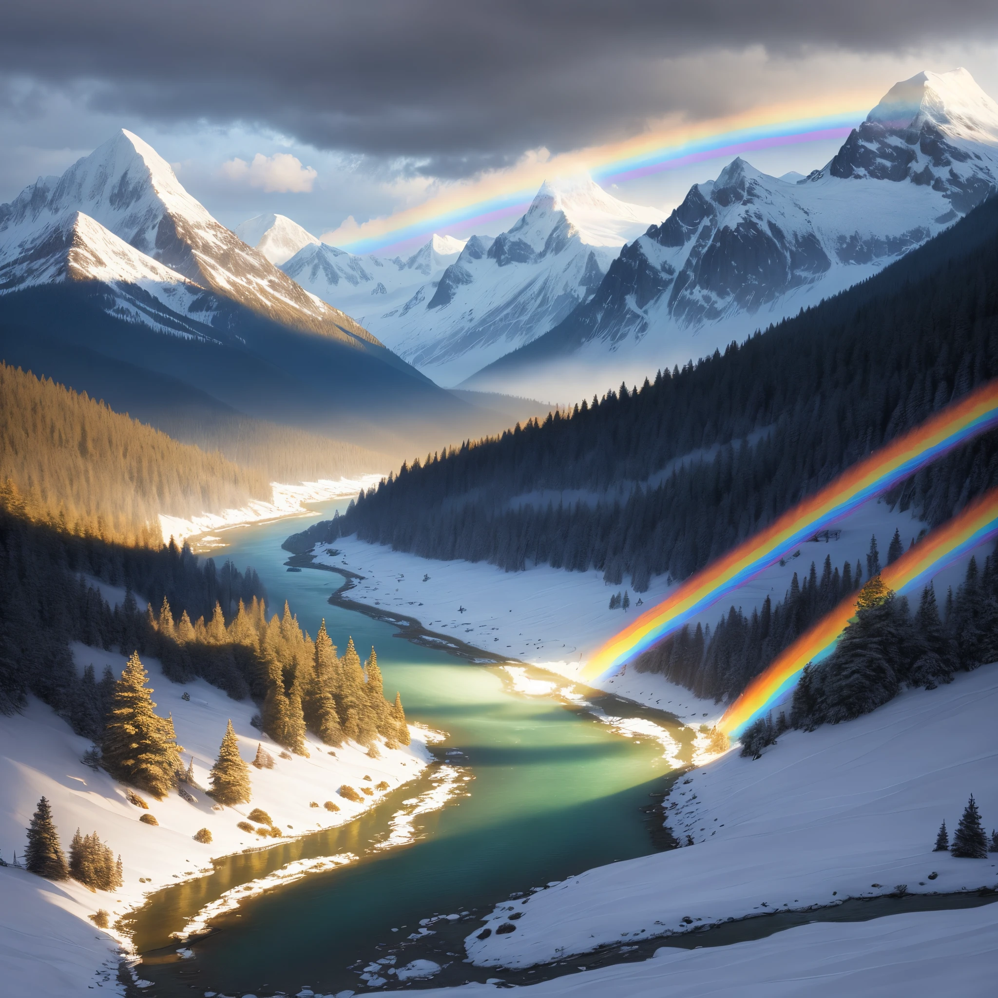 A snowy mountain range in the background, a river winding through the foreground, rainbow beams of light shining through the clouds down onto the ground