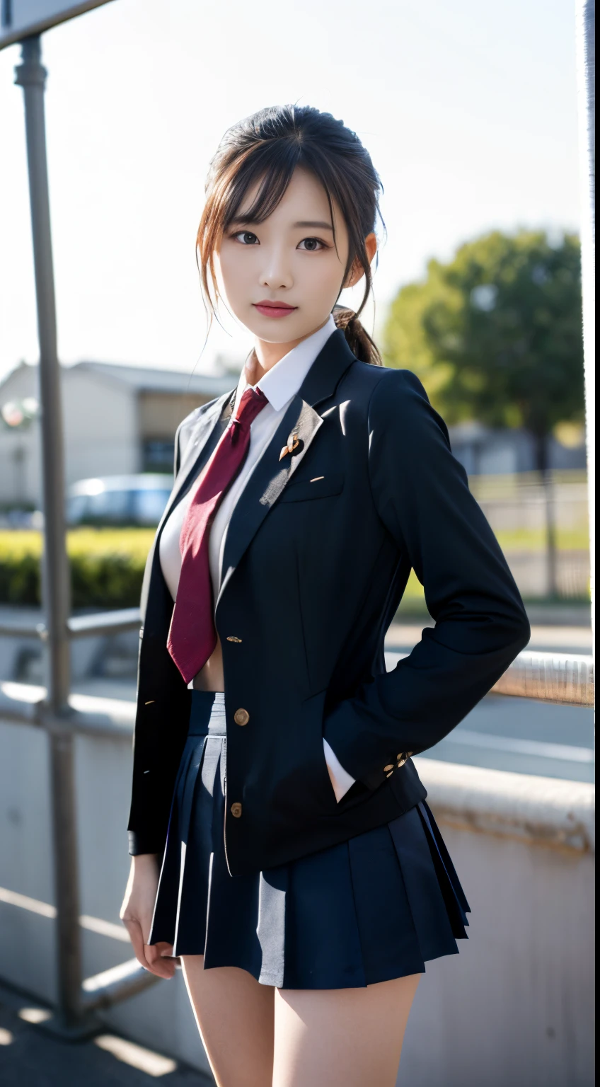 (16 K, Raw photography, Top image quality, masterpiece: 1.45), (realisitic, Photorealsitic: 1.37), Tall Girl, cute little, A city scape,, profetional lighting, photon maping, school classrooms, physically-based renderingt, dark brown hair,pony tail hairstyle, Well-groomed and beautiful eyes、((二重まぶた))、Transcendent Cute Girl, (((student clothes、blazers、Long sleeve shirt worn by Japan high school girl、Ribbon Ties、Dark blue mini skirt,、Dark blue socks、Black loafers))), Top Quality Photos, hight resolution, 1080p, (clearface), (Detailed face description), (Detailed hand description), (masterpiece), (Exquisite CG)、extreme light and shadows、dishevled hair、master work、abundant detail、(Fine facial features)、(top quality photo)、(masuter piece)、(A detailed eye)、Look in front of you、Fine clavicle、((Slender big))、(((Japan schoolgirls wear jackets and long-sleeved shirts)))、((Neat and clean idol))、((School Gate、school ground、School building in the background))、(Shooting from random perspectives)、(((cute like an idol)))、耳Nipple Ring、A smile、Drawing the whole body from the knees、Do not draw nasolabial folds、(((Sports bags used by Japan schoolgirls)))、(Big breasts that hang down big:1.2)、Big buttocks with tension、Two arms and two legs、(((from the front side:0.7)))、bare hand、(((Left and right symmetrical eyes)))、Standing Pose、Do not take the tie out of the jacket、Raise your buttocks:1.5,barebacked:1.5,
