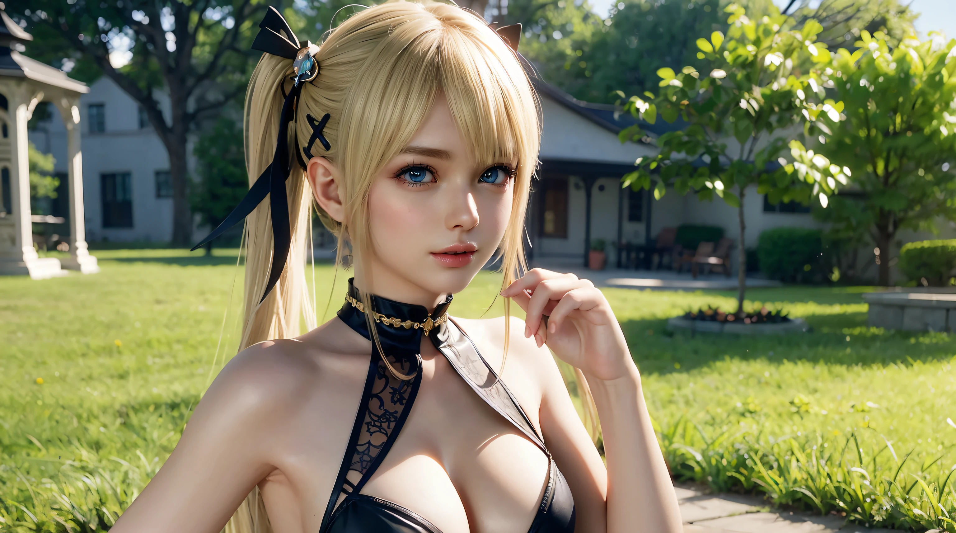 Marie Rose, anime girl with blonde hair and hair ornament, artwork in the style of guweiz, photorealistic anime girl render, photorealistic anime, Hyper realistic anime, Anime. Soft lighting, soft portrait shot 8 k, Realistic anime art style, 3 d anime realistic, 8K Art Germ Bokeh, Anime Realism Style, kawaii realistic portrait, Beautiful Anime Portraits、wearing gothic clothes、wearing gothic accessories、full body shot
