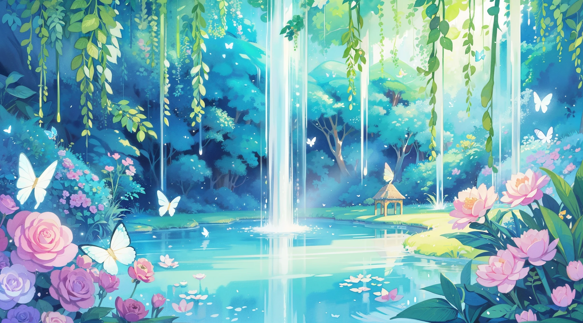 picture book illustration, watercolor storybook illustration, vibrant pastel colors, dreamy, colorful, whimsical, magical, masterpiece, best quality, sharp focus, intricately detailed environment, fine detail, 8k resolution, waterfall lagoon, (magical lagoon), (waterfall, lake), (glowing butterflies), beautiful, golden ratio, perfect composition, perfect