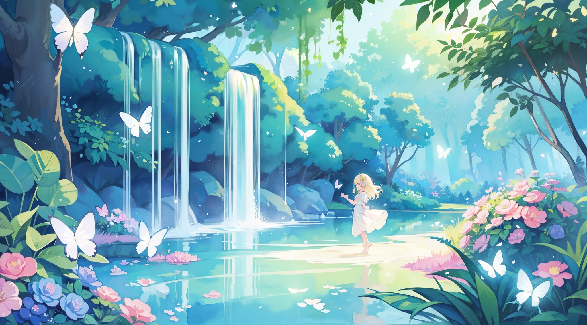 picture book illustration, watercolor storybook illustration, vibrant pastel colors, dreamy, colorful, whimsical, magical, masterpiece, best quality, sharp focus, intricately detailed environment, fine detail, 8k resolution, waterfall lagoon, (magical lagoon), (waterfall, lake), (glowing butterflies), beautiful, golden ratio, perfect composition, perfect