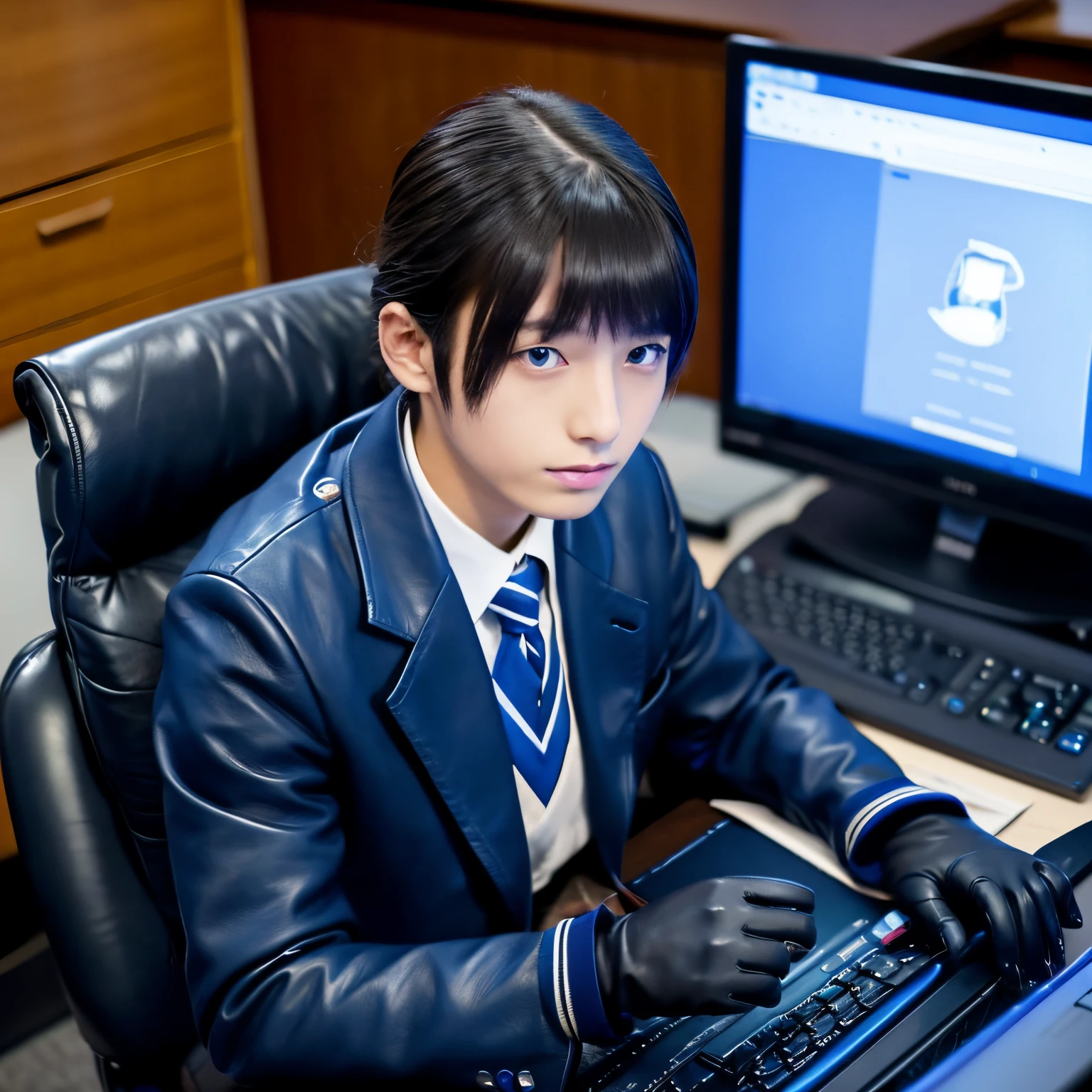 Dark blue blazer uniform、Blue shirt、Blue ribbon、Black leather gloves、hi-school girl、Operating a laptop computer on the desk、Sitting on a chair、((He wears black leather gloves on both hands))((Cute Japan high school girl))