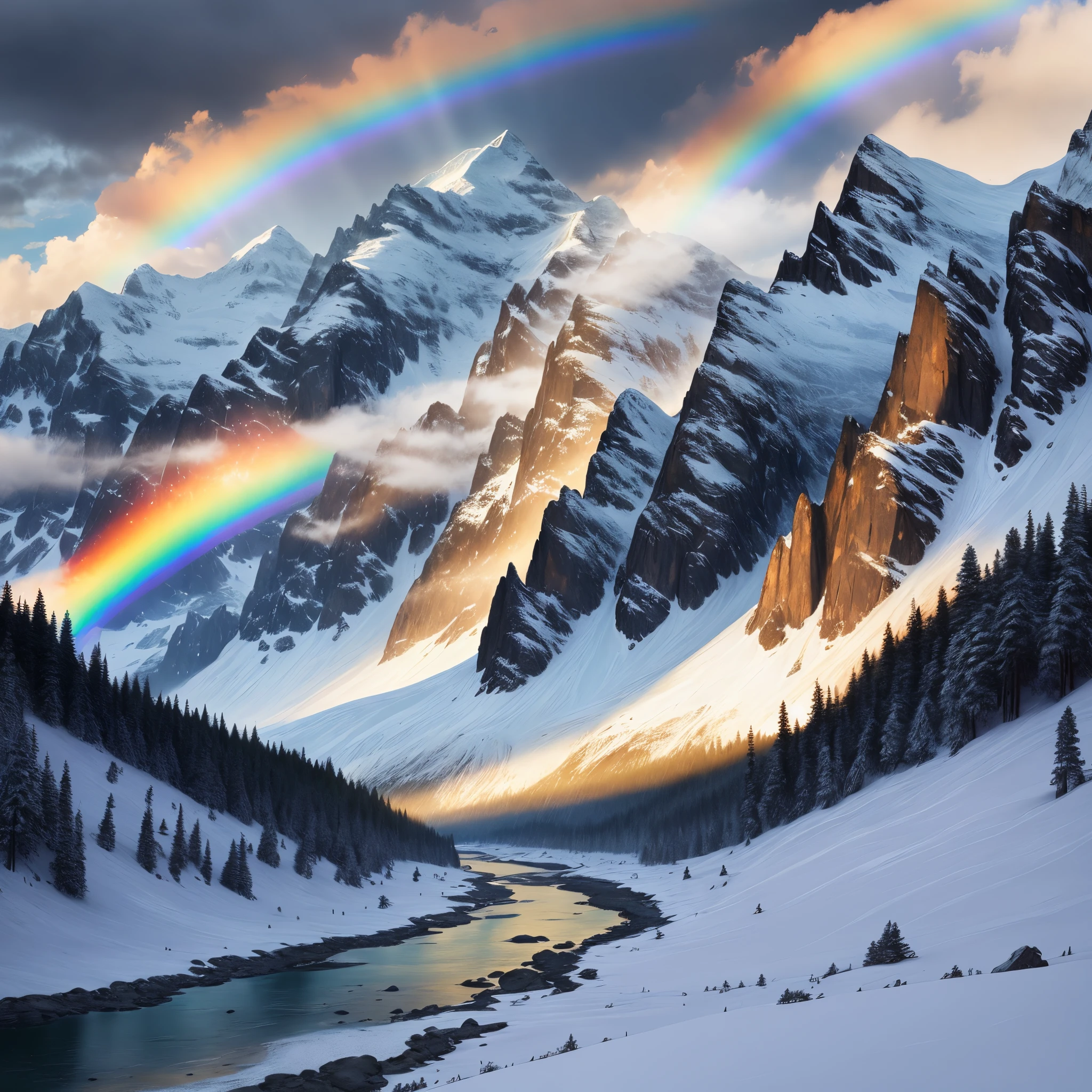 A snowy mountain range in the background, a river winding through the foreground, rainbow beams of light shining through the clouds down onto the ground