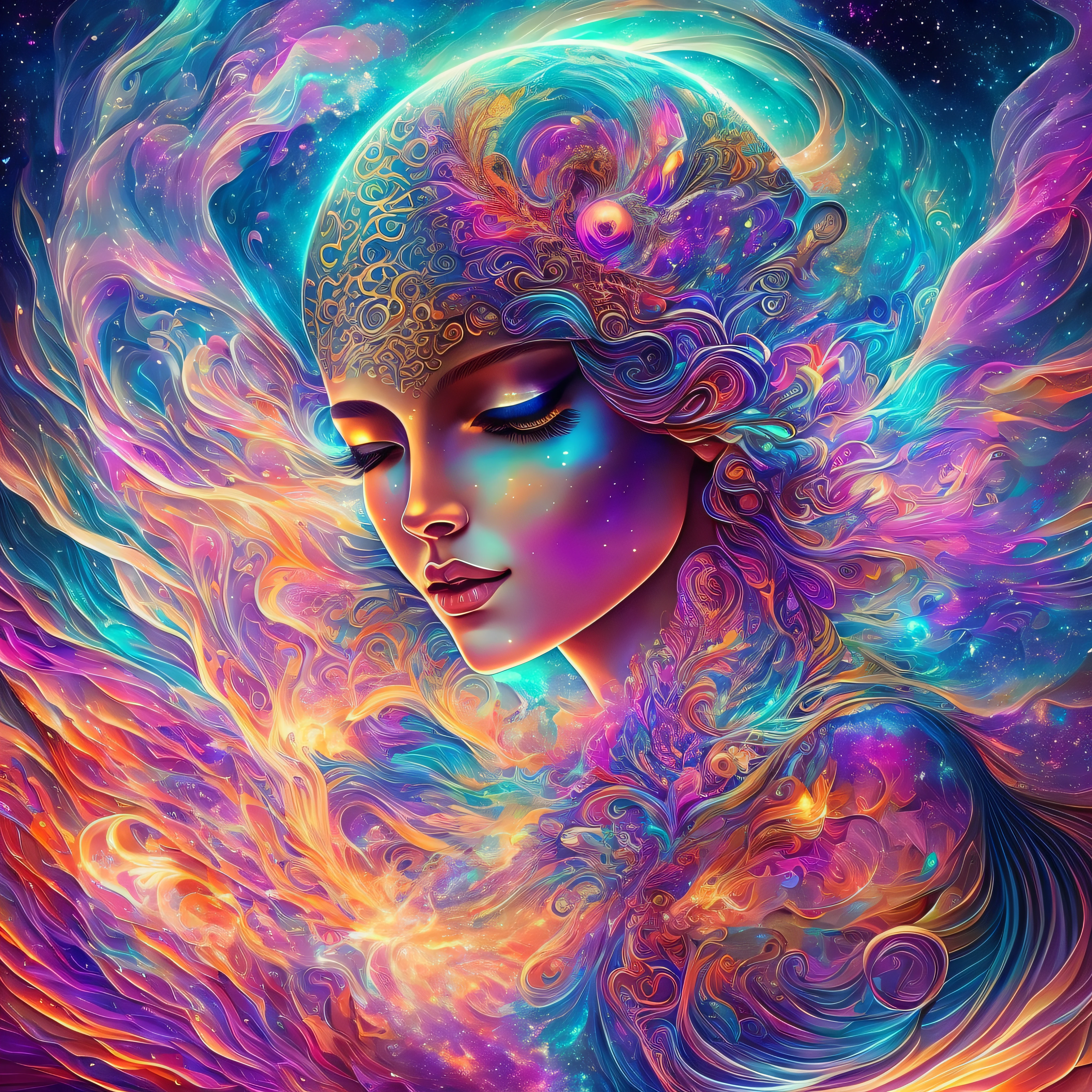 Plunge into the ether that flows with the eternal soul through the vibrations of love, Everything is connected, Flowing energy, spiritual, divine, Dreams, cosmic, concept-art, Blowing the Mind, Female beauty, god, Pineal gland, dreamlikeart
