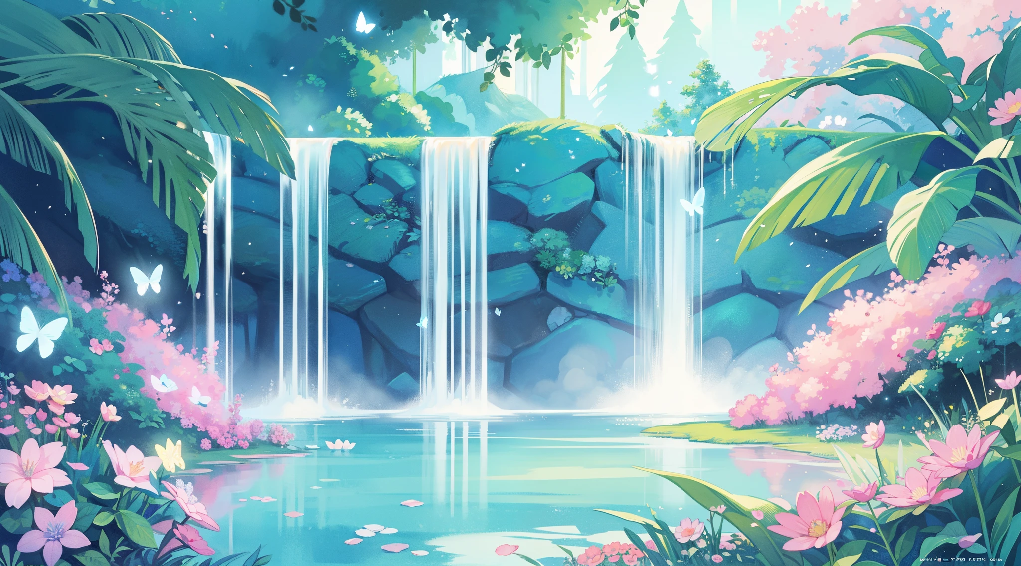 picture book illustration, watercolor storybook illustration, vibrant pastel colors, dreamy, colorful, whimsical, magical, masterpiece, best quality, sharp focus, intricately detailed environment, fine detail, 8k resolution, waterfall lagoon, (magical lagoon), (waterfall, lake), (glowing butterflies), beautiful, golden ratio, perfect composition, perfect
