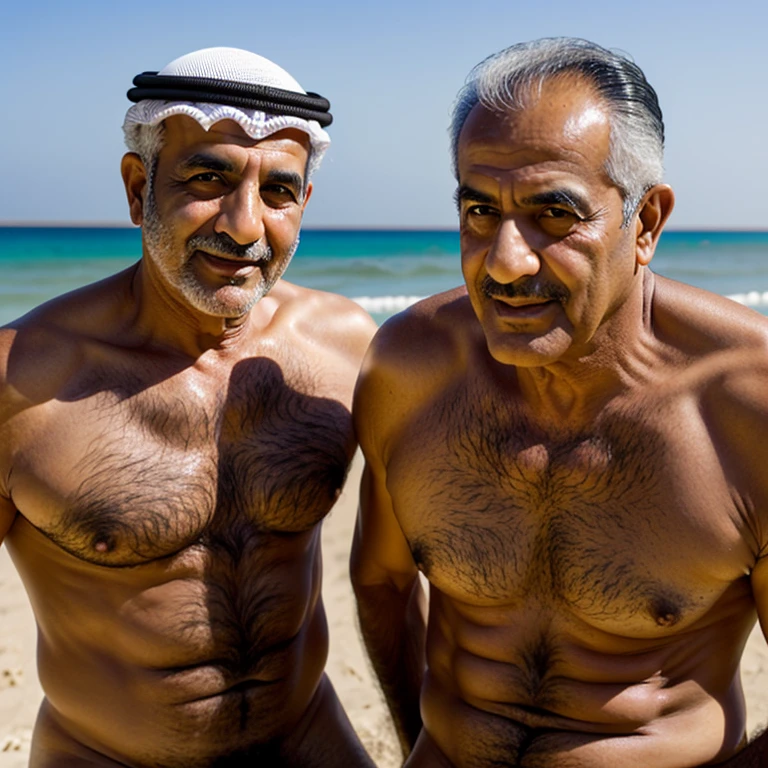 Two 50 year old mature Arab men naked with their natural bodies showing off their penises with exposed and juicy big head glans naturally on the nude beach, friendship innocence