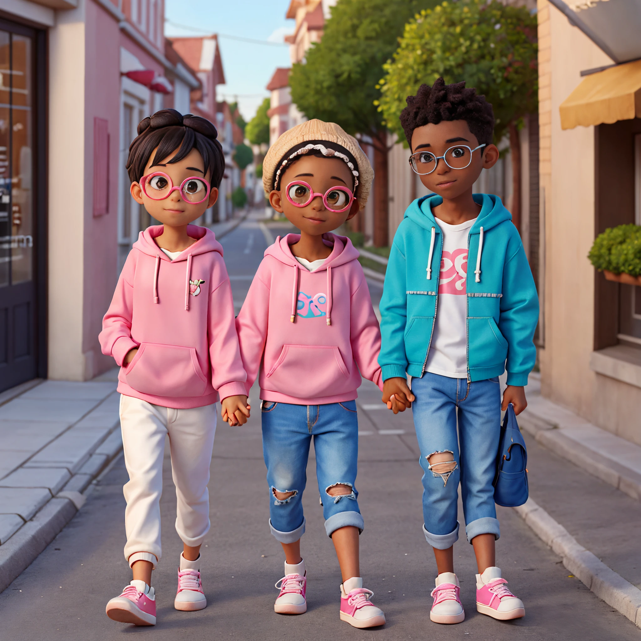 Disney pixar poster of a very cute Dark skinned boy and light skinned girl they are walking down the sidewalk together .the girl is wearing a pastel pink hoodie with baggy long ripped Jean and white shoe and boy wearing grey hoodie and black pants with white shoe , she looks at him like she’s in love and the boy look down at he’s shoe blushing. She’s holding a pink small bag down on her hand while her other hand she’s holding the boy arm while the boy arm is in he’s pocket, she’s also wearing a white glasses on her head. The girl made knotless braid and packed it up with a swoop by the side. couple, wearing an oversized hoodie, walking, looking this way, photo shoot, vibrant aesthetic, 💕 🎀, fai, lovely couple, p. j. n, photoshoot, 💕 🎀, sss, couple pose, nice weather