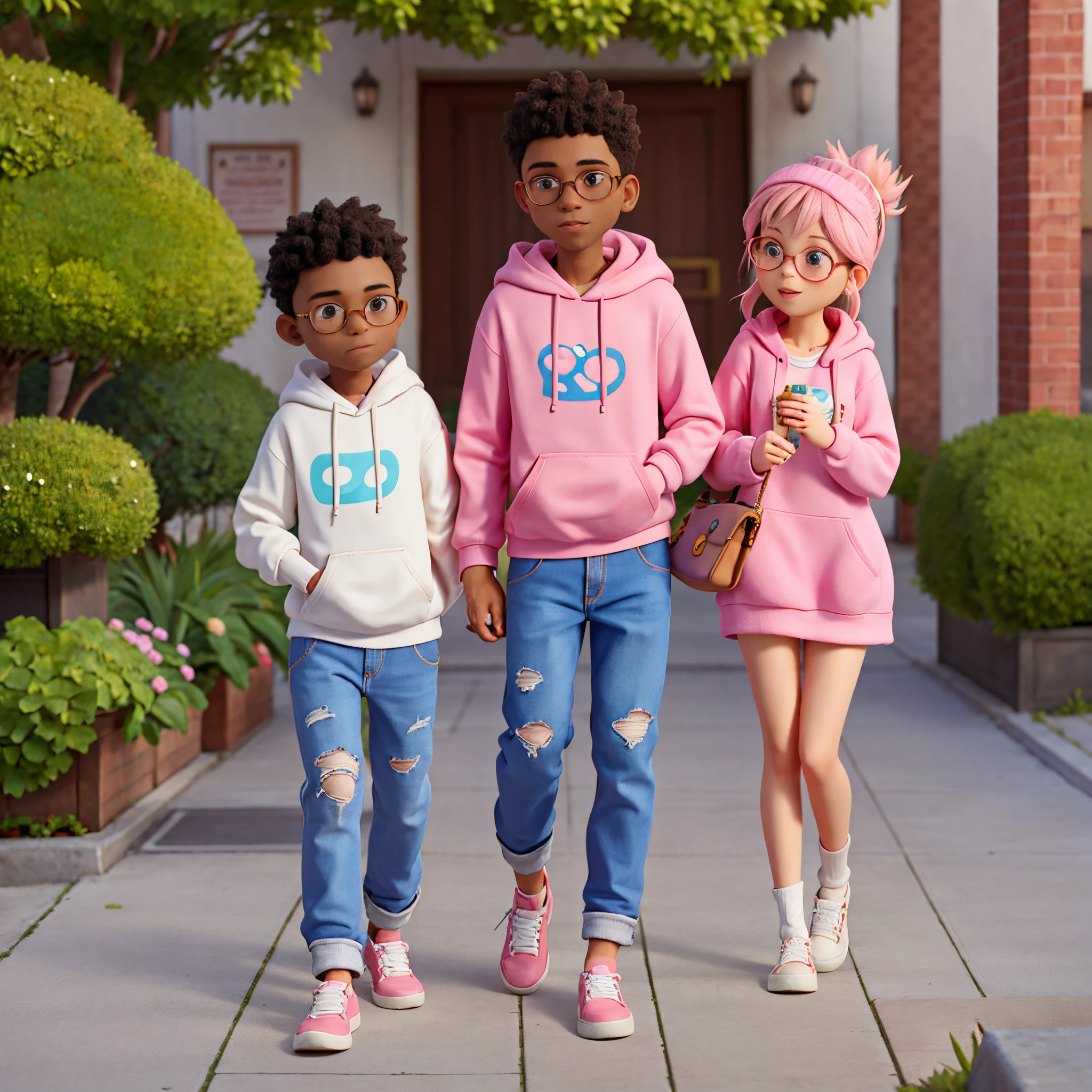 Disney pixar poster of a very cute Dark skinned boy and light skinned girl they are walking down the sidewalk together .the girl is wearing a pastel pink hoodie with baggy long ripped Jean and white shoe and boy wearing grey hoodie and black pants with white shoe , she looks at him like she’s in love and the boy look down at he’s shoe blushing. She’s holding a pink small bag down on her hand while her other hand she’s holding the boy arm while the boy arm is in he’s pocket, she’s also wearing a white glasses on her head. The girl made knotless braid and packed it up with a swoop by the side. couple, wearing an oversized hoodie, walking, looking this way, photo shoot, vibrant aesthetic,  💕 🎀, fai, lovely couple, p. j. n, photoshoot,  💕 🎀, sss, couple pose, nice weather