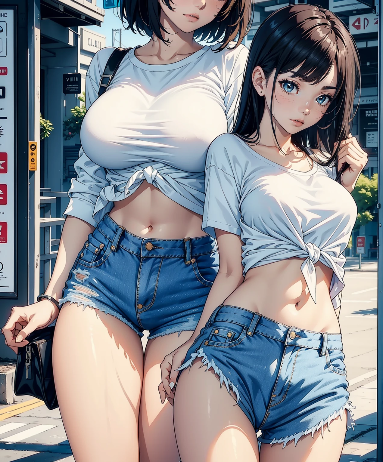 "Flirty expression, 1 Cute and attractive girl in a white t-shirt and jacket tied at waist, wearing jeans short pants. She has a nice body with slim thighs, showing half of her body up to mid-thigh level."