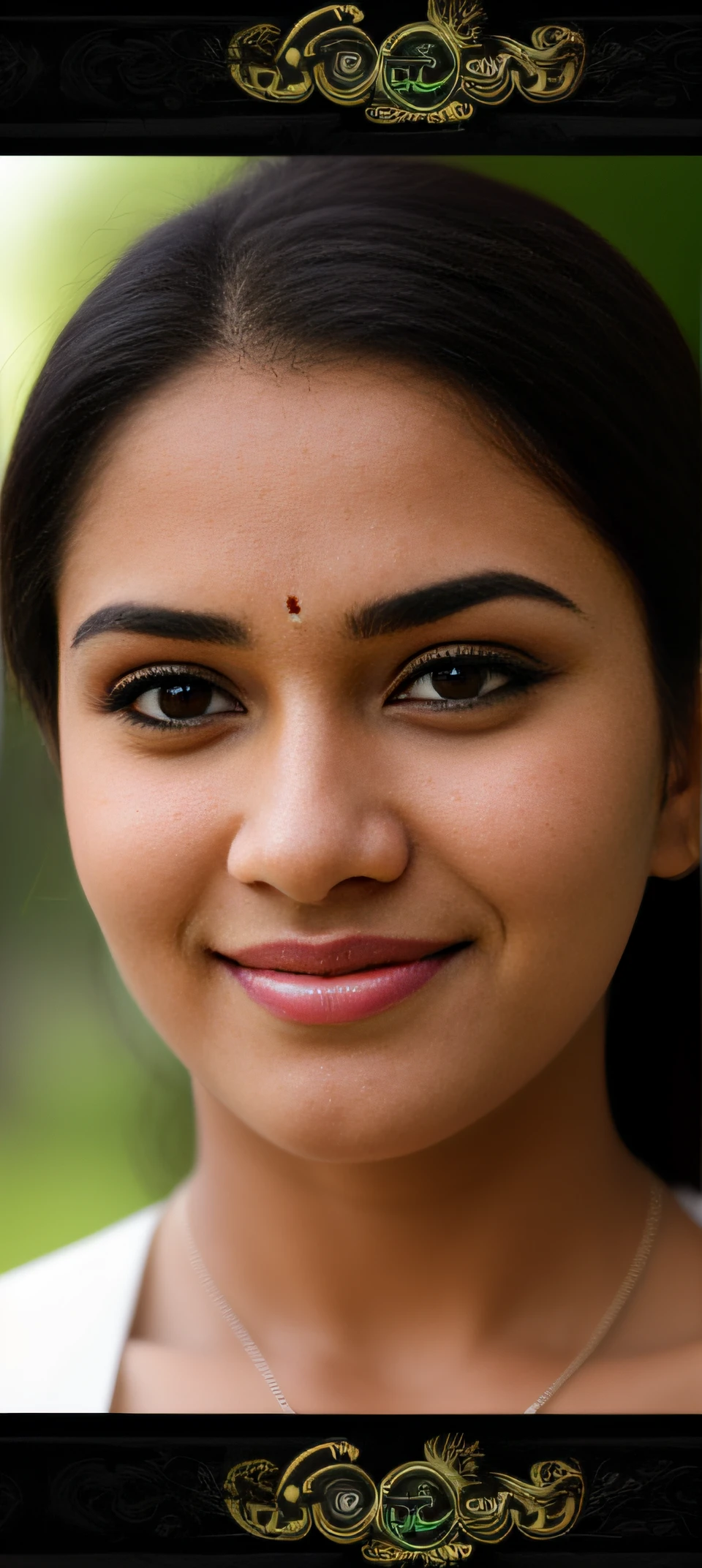 Day scene, close up photo of a indian from top view, posing under big tree, (wearing black tshirt and skirt) , look at viewer and smile, (cinematic:1.3), intricate details, (ArtStation:1.2)