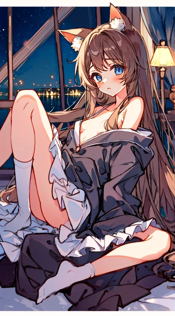 Hori Kyouko, 1 girl, (NSFW:0.9), alone, full body, sitting, Angle Dynamic, long hair, flat chest, ruffled, brown-hair, night, starry sky, dark, sleepy, I want sleep, animal ears hood, covered breasts , blushing, with a shy expression on his face, in a bedroom environment, The composition must emanate a mixture of sensuality and innocence, the background must be visually captivating, animal tail, animal ears, erotically cute, perfect anatomy, beautiful , beautiful eyes,