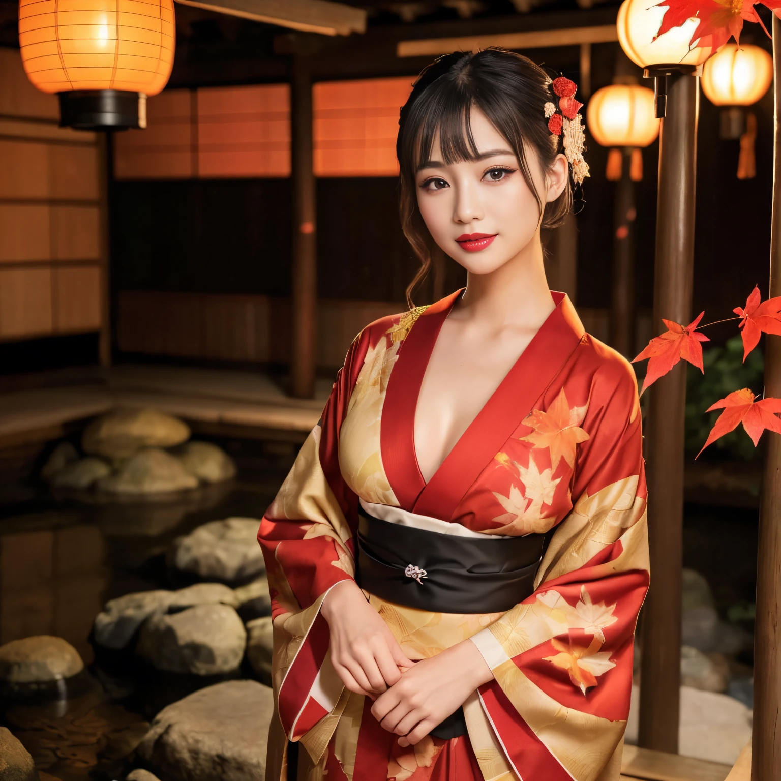 ((top-quality、masutepiece、8K、Top image quality、Very complex and detailed details))、1 prostitute、oiran's kimono、Oiran kimono、accurate courtesan kimono、Gorgeous courtesan kimono、The background is the garden of a luxury hot spring inn..、Smile at the camera、Photo from the waist up、((Red autumn leaves、Red autumn leaves、Autumn foliage))、Japanese garden、(stone lantern)、(hot onsen)、1 lantern、(Corridor of the inn、Japanese-style ryokan)、Midnight、murky、Lantern light、red lipsticks、long eyelashes、Perfect makeup、a dark night、naked and wearing only a kimono、A detailed face
