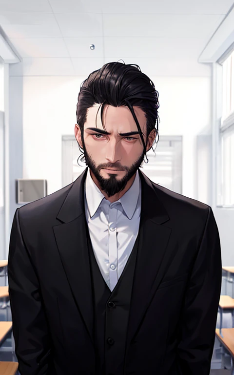 Teacher, male, 35 years old, white, wears a suit, straight and voluminous hair in the front parted in the middle and short on the sides, short beard closed, thin and small nose, thin lips, small and somewhat dark circles under the eyes, melancholy look. Background in a classroom.