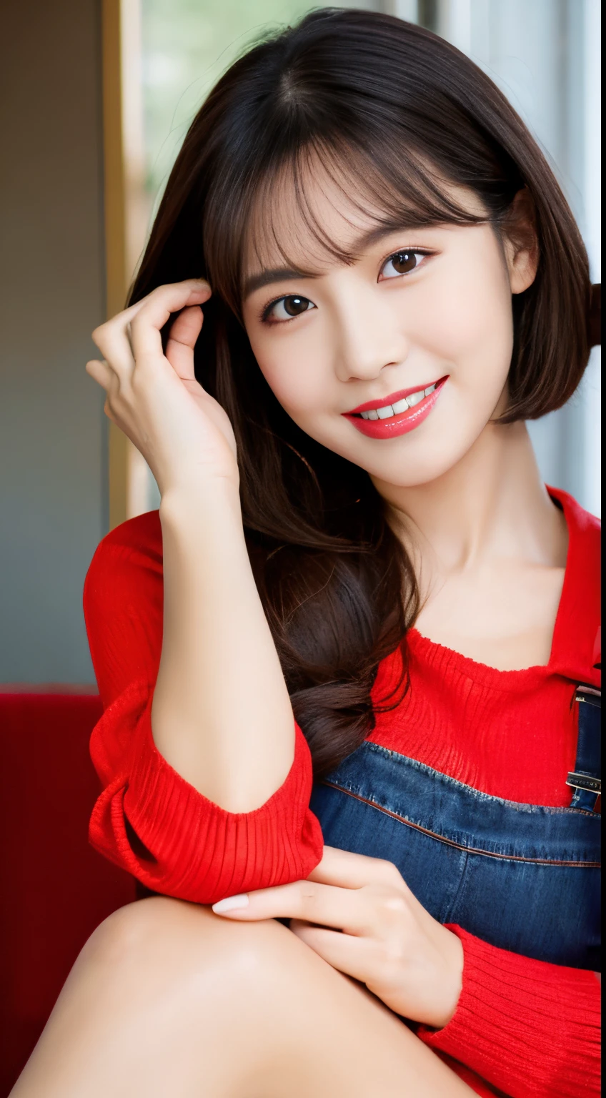 of the highest quality, masutepiece, 超A high resolution, Photorealistic, 1 girl,High-resolution full-body images, Grinning red lips， Smile, slightly visible, Red Sweater, Denim skirt,fullbody image,Soft lighting, Detailed skin, Bangs, Black hair, Clear eyes, Short bob hair, Transparency, Japan, Korean, Beautiful woman, Upper Eyes, Lip gloss,  Teardrops, Mole on the chest, Highlight the lines of the body