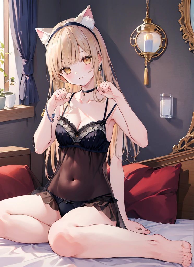 (((masterpiece: 1.5, best quality, high resolution: 1.3, super resolution, super detailed, ultra detailed:1.3, rich background:1.2))), shiina mahiru, yellow eyes, floating hair, very long hair, blunt bangs, cute hairpin, chocker, lingerie, bra, navel, panties, looking at viewer, light particles, collarbone, strap slip, closed mouth, indoors, jewelry, sleeveless, bedroom, sitting on bed, claw pose, paw pose, head tilt, cat ears headband, cleavage, medium breast