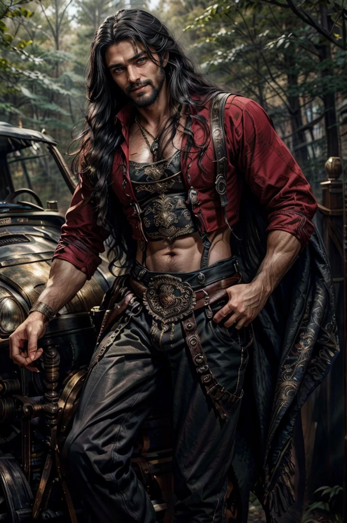 a man with black long hair, blue eyes, beard, 18 years old, smiling, strong pectoral, manly and sexy body, wearing red shirt and black pants, Victorian era style, in the background gypsy carriage in a forest, Daeni Pin Style, [Daniel F. Gerhartz Style::0.5], UHD Image, Hire, 8k, photo-realistic, Epic lighting, Sharp, Realistic, Romantic, focus,