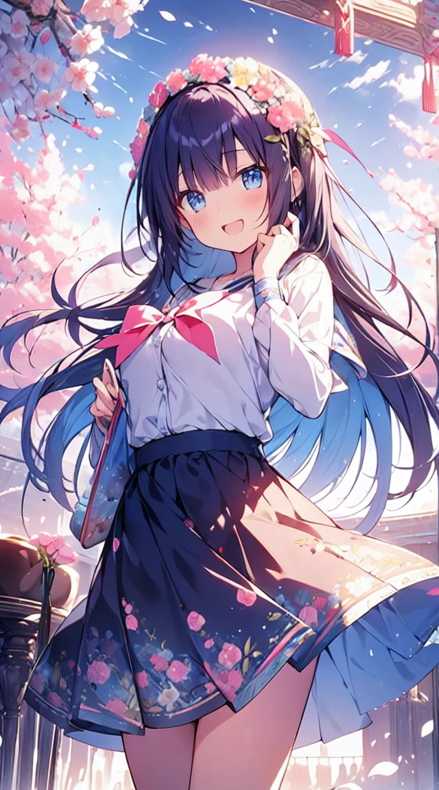 masutepiece, Best Quality,Illustration, Wallpaper, ultra -detail, Absurd beauty, 1beautiful girl、Bright hair color、big eye、Hair fluttering in the wind、♡、Spring landscape、great laughter、skirt by the、Futomo、Poses in motion