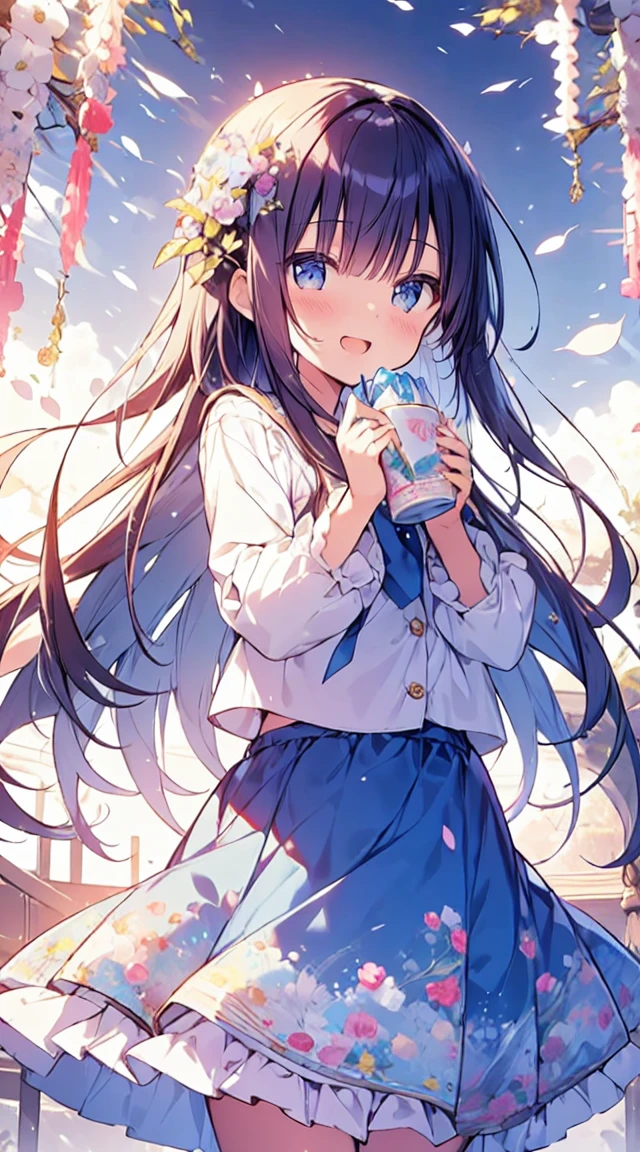 masutepiece, Best Quality,Illustration, Wallpaper, ultra -detail, Absurd beauty, 1beautiful girl、Bright hair color、Glitter and big eyes、Hair fluttering in the wind、♡、Spring landscape、great laughter、skirt by the、Futomo、Poses in motion